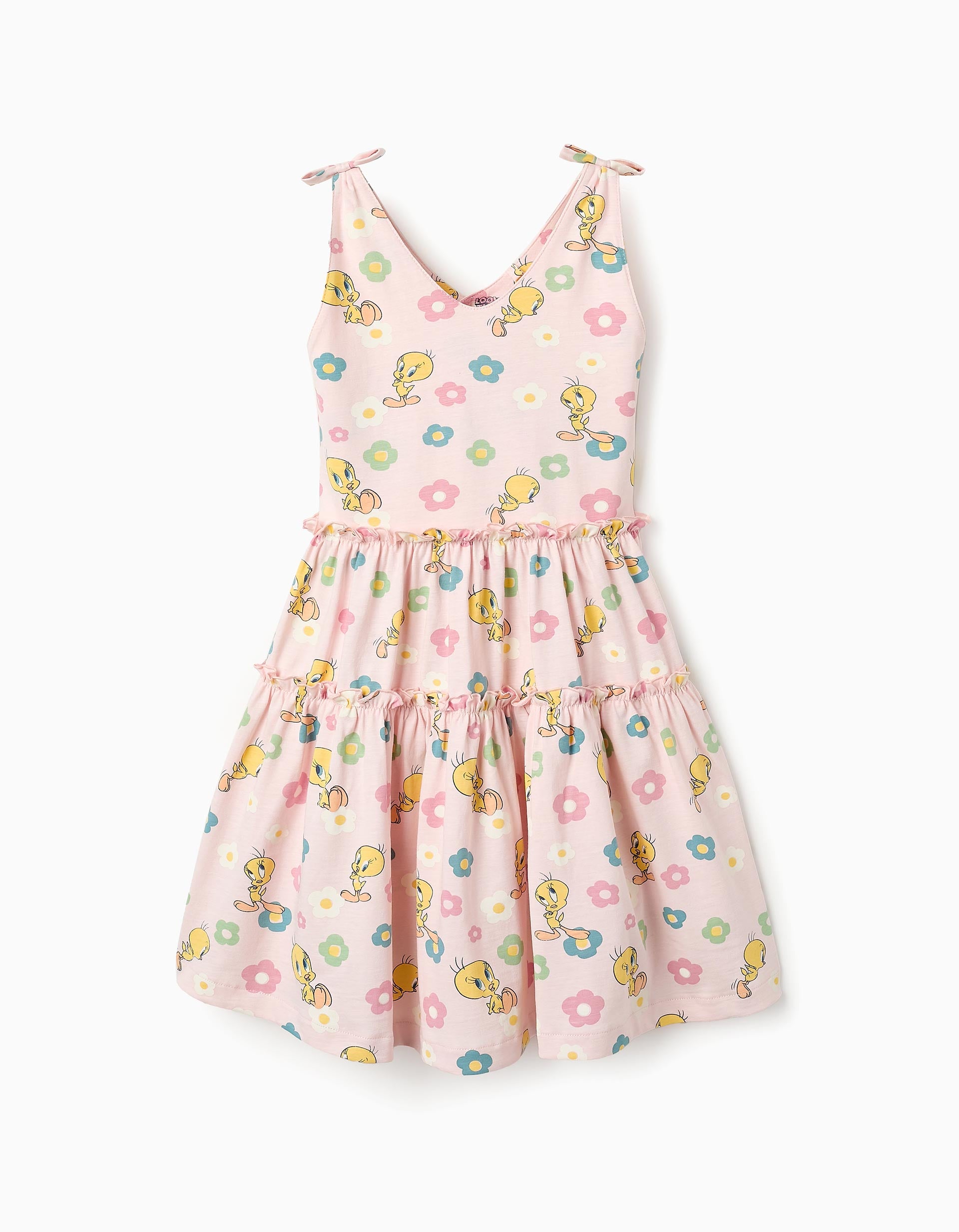 Sleeveless Cotton Dress with Pattern for Girls 'Tweety', Pink