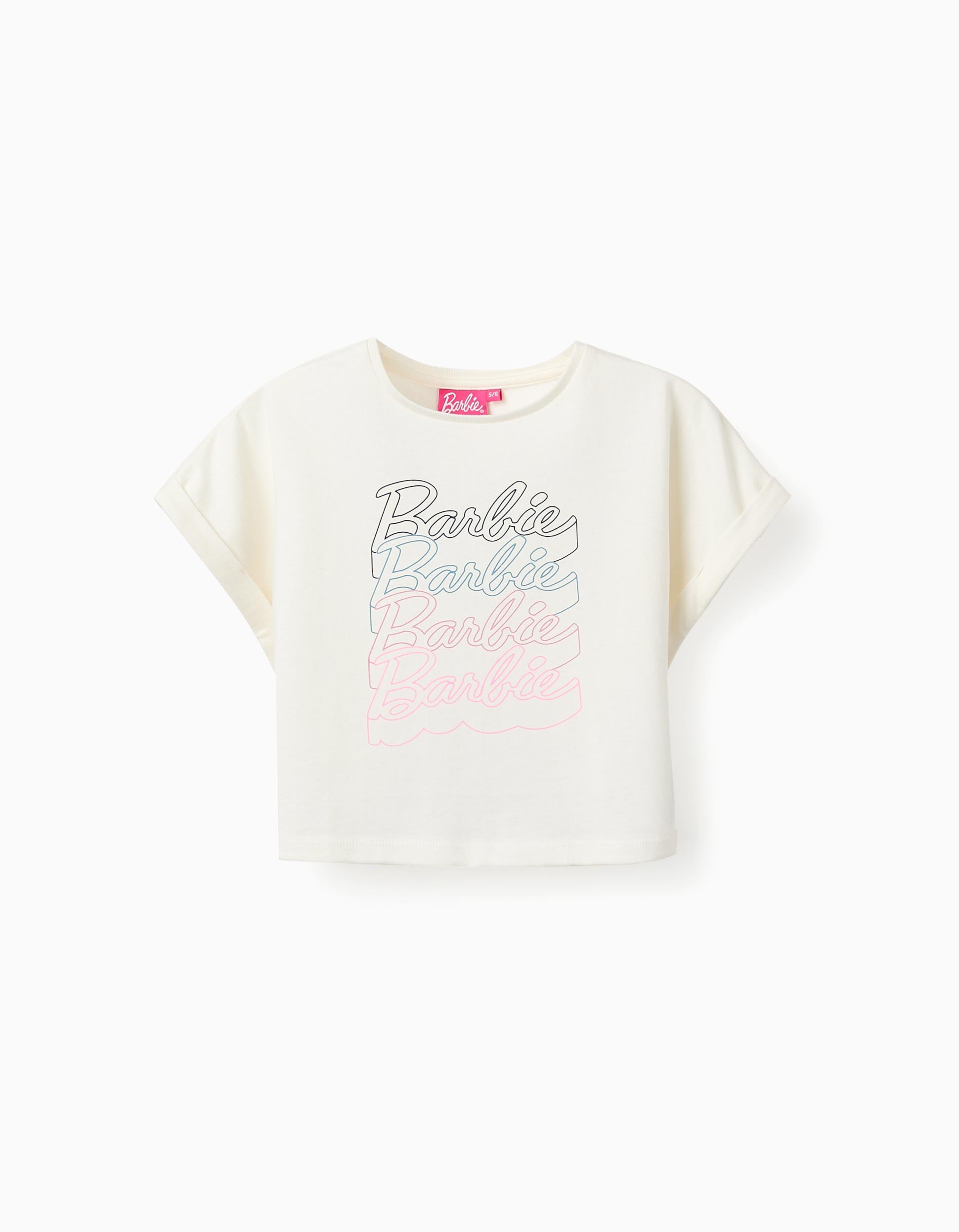 T-shirt Cropped em Algodão para Menina 'Barbie', Branco