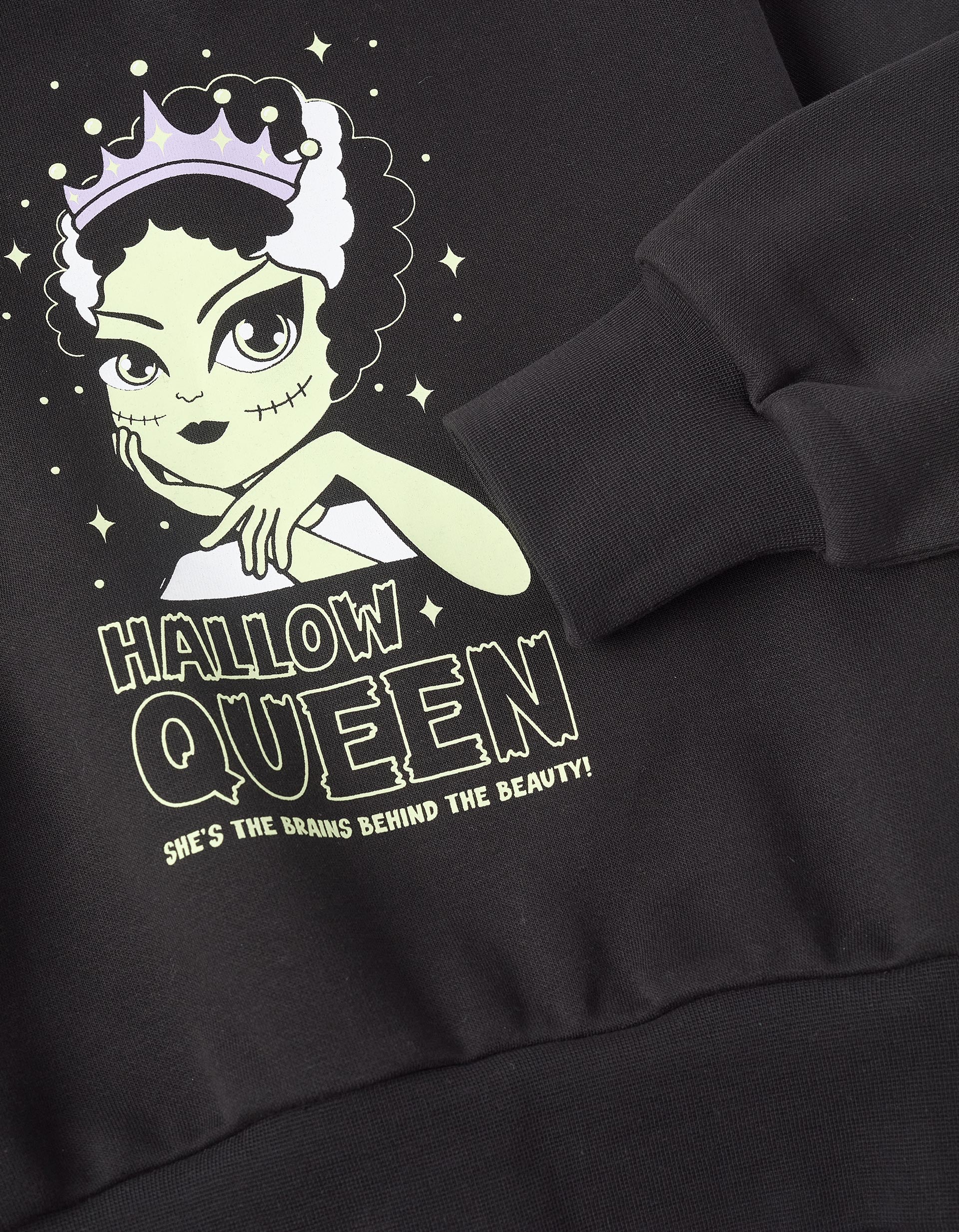 Glow in the Dark Sweatshirt with Hood for Girls 'Queen', Black