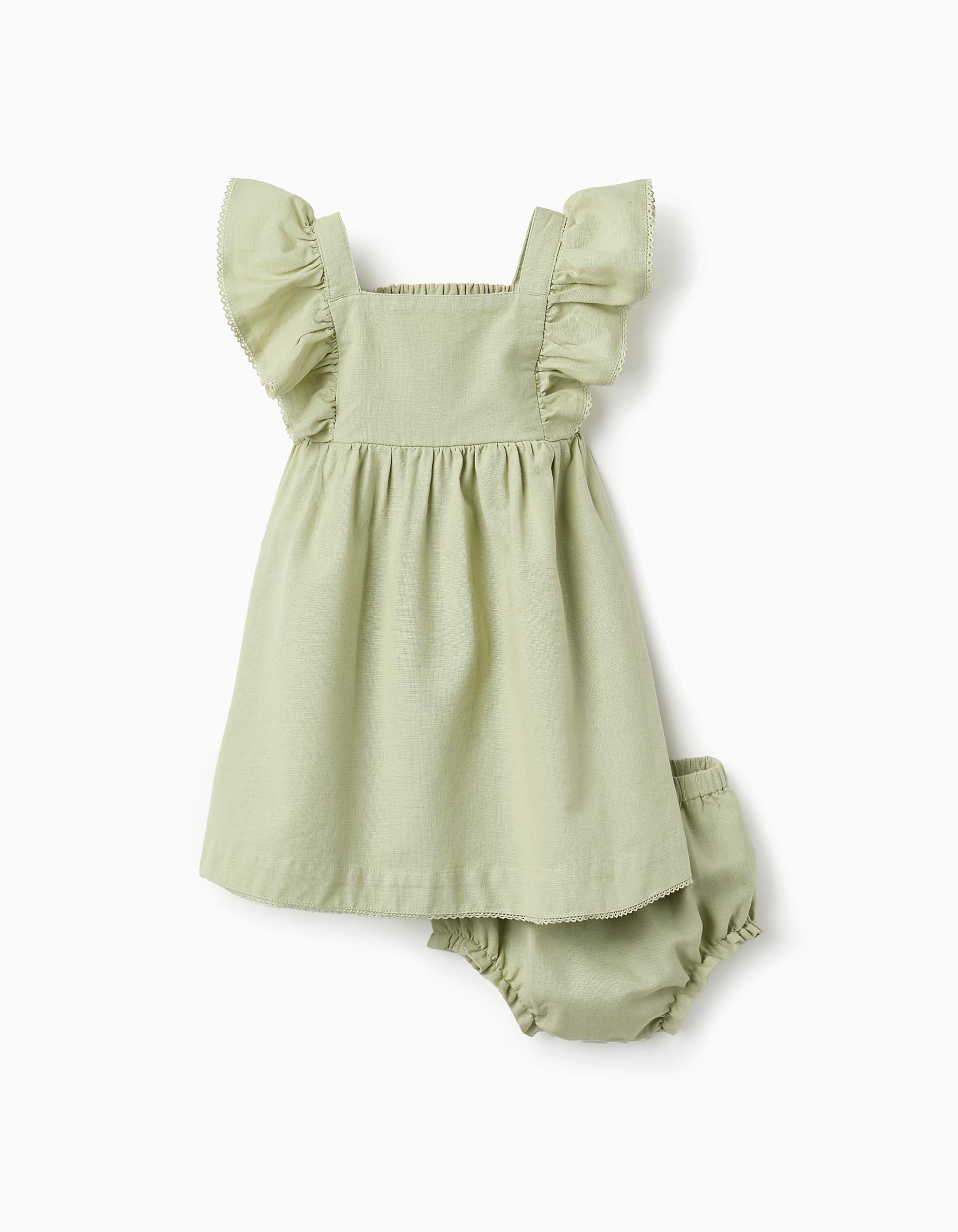 Dress + Bloomers in Cotton and Linen for Baby Girls 'B&S', Green