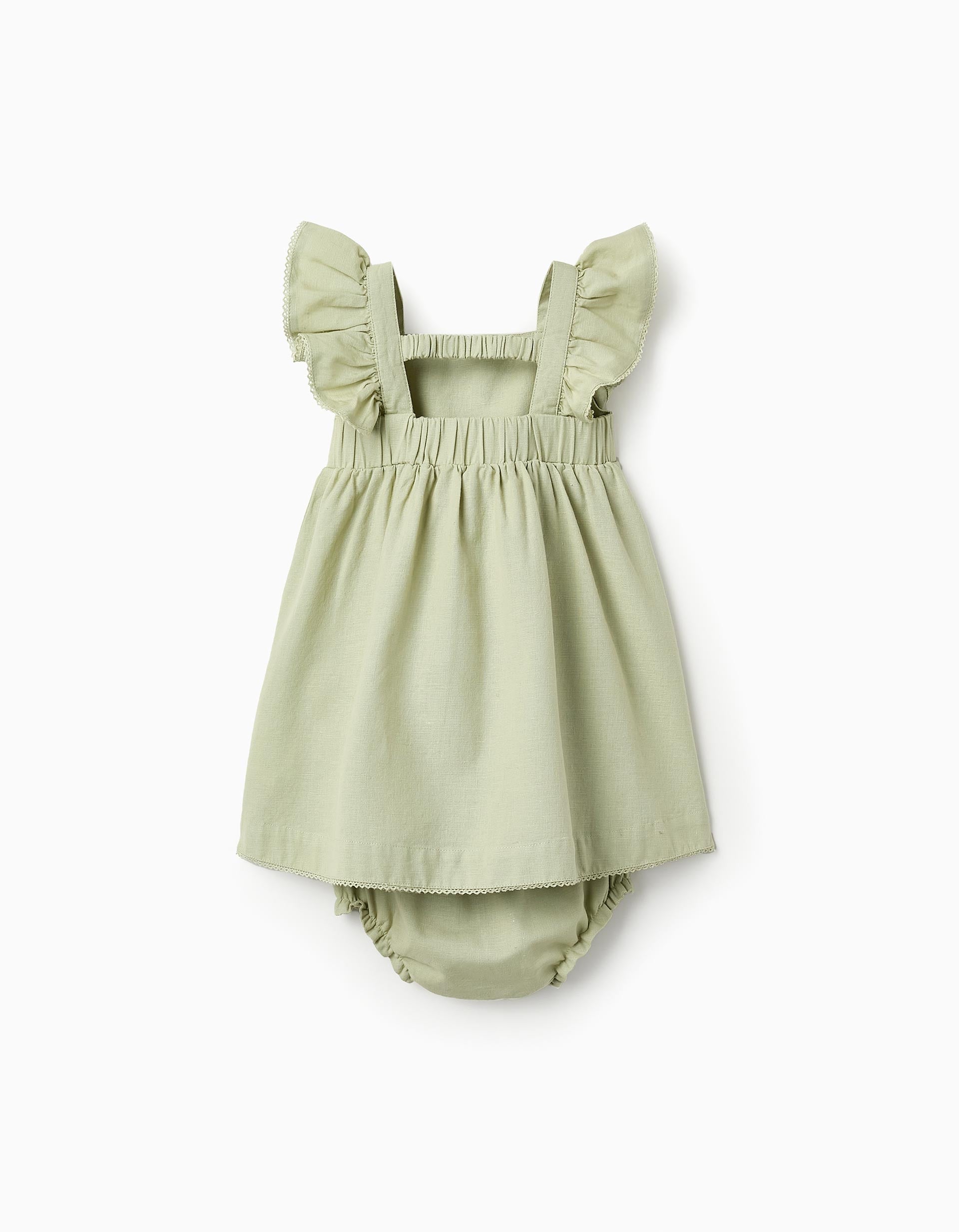 Dress + Bloomers in Cotton and Linen for Baby Girls 'B&S', Green