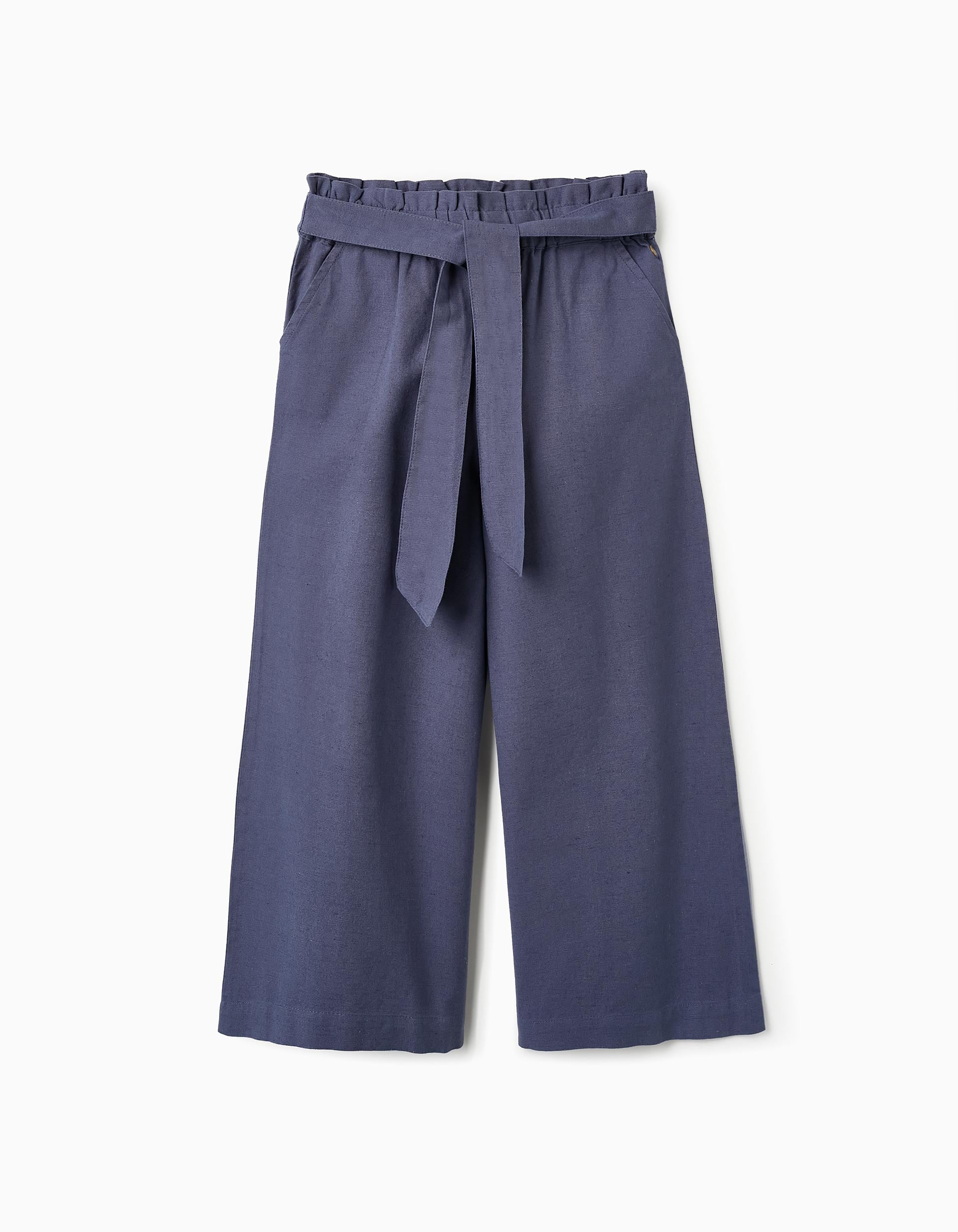 Wide Leg Cotton and Linen Trousers for Girls 'B&S', Blue