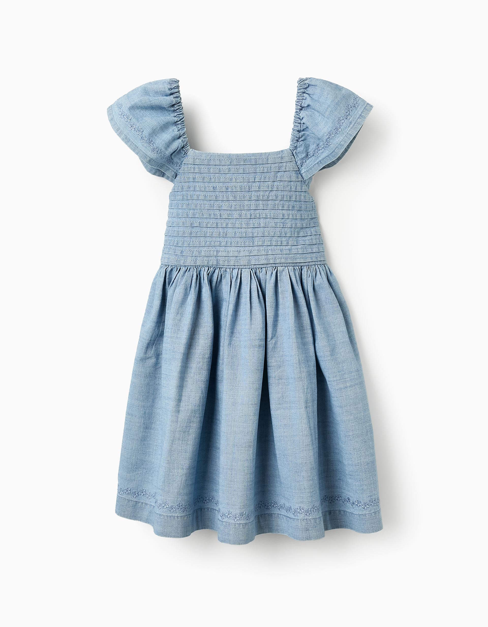 Denim Dress with Flowers for Girls, Blue