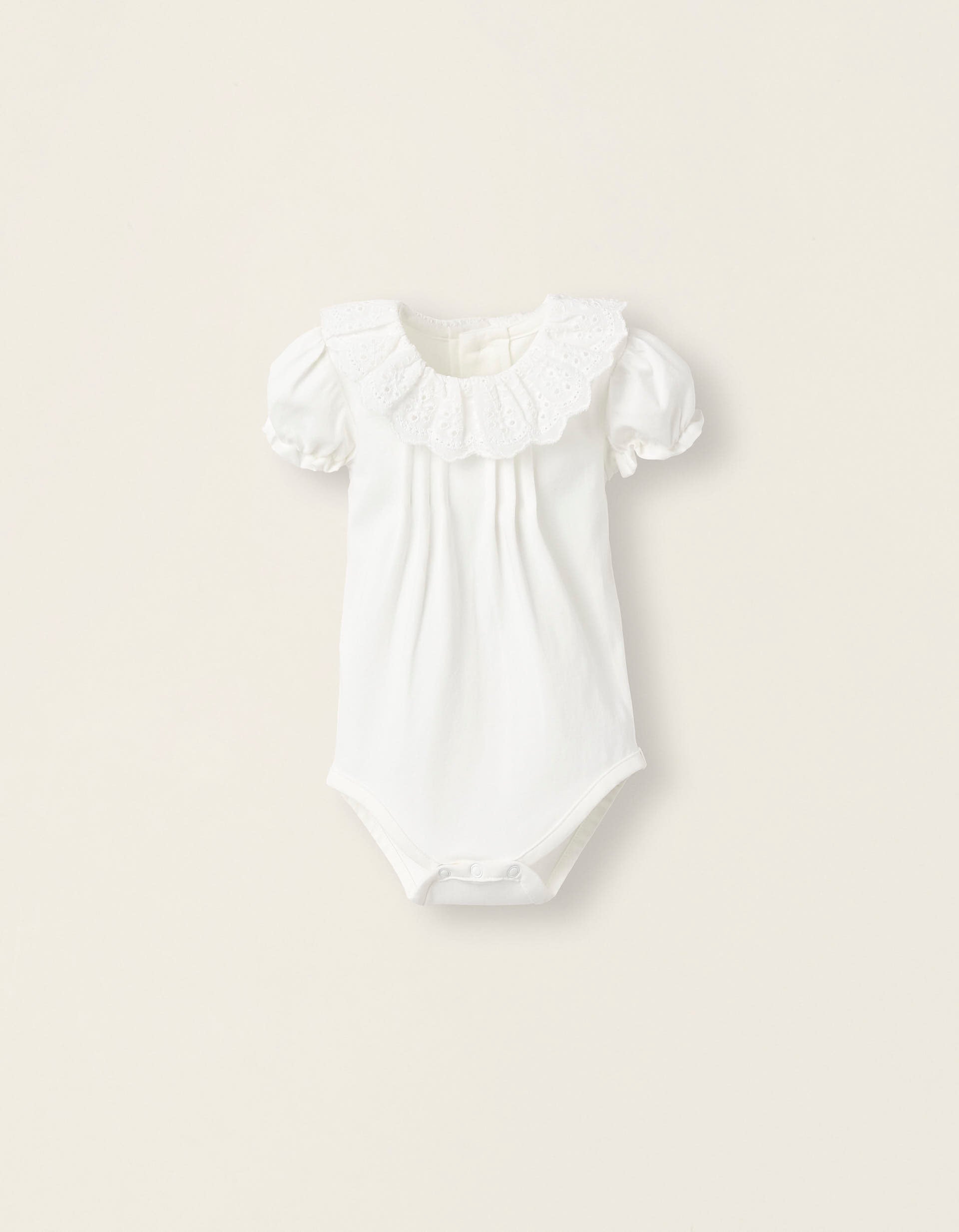 Bodysuit-Blouse with Broderie Anglaise in Cotton for Newborn Girls, White