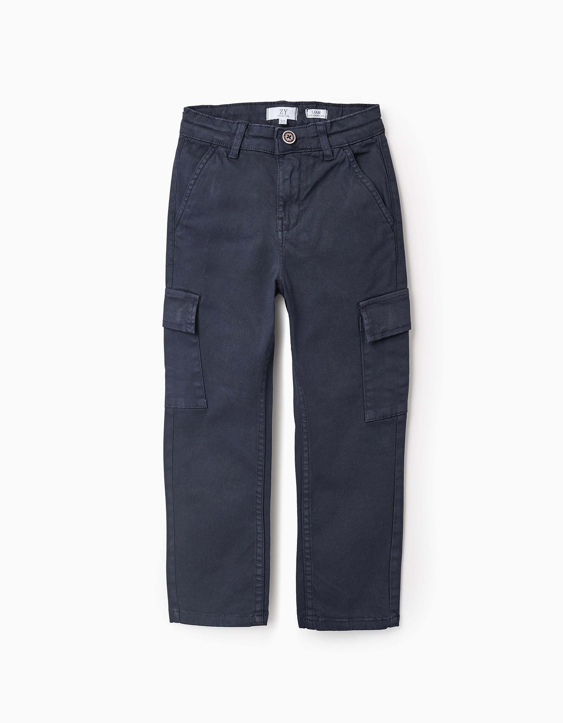 Pantalon en Sergé avec Poches Cargo pour Garçon 'Straight', Bleu foncé