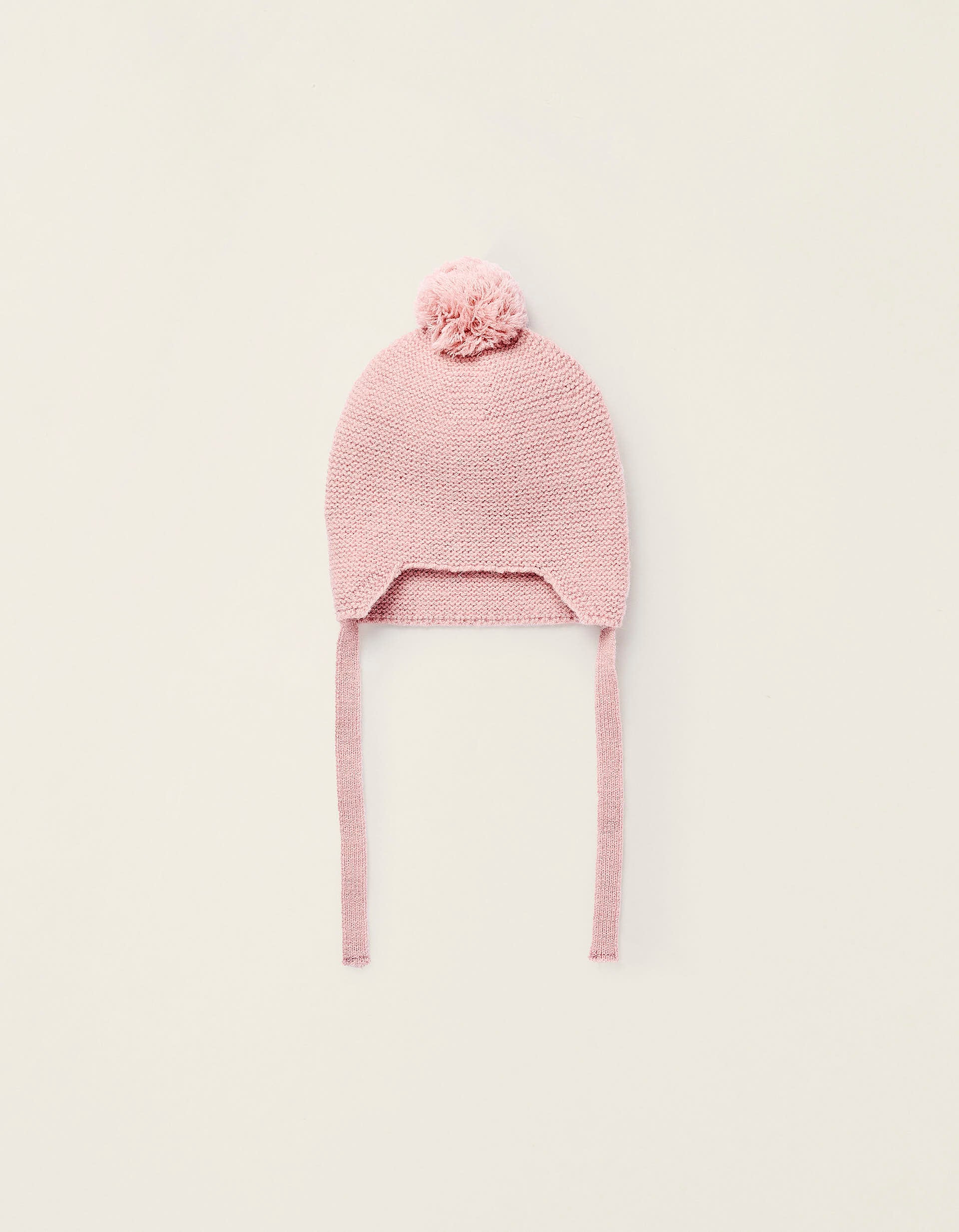 Bonnet en Maille avec Pompon pour Nouveau-née, Rose