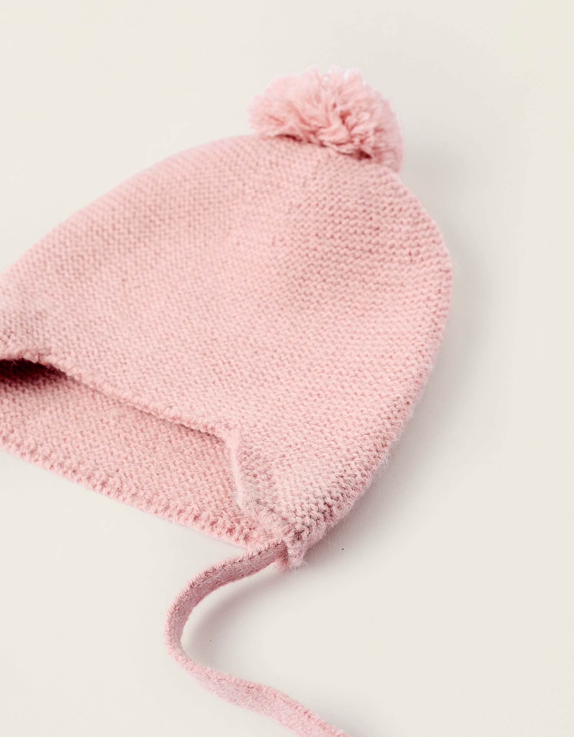 Bonnet en Maille avec Pompon pour Nouveau-née, Rose