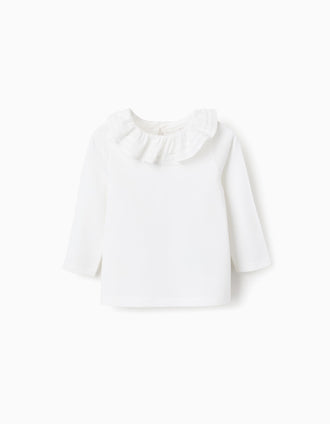 Camiseta de Manga Larga con Cuello de Volantes para Bebé Niña, Blanco