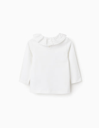 Camiseta de Manga Larga con Cuello de Volantes para Bebé Niña, Blanco