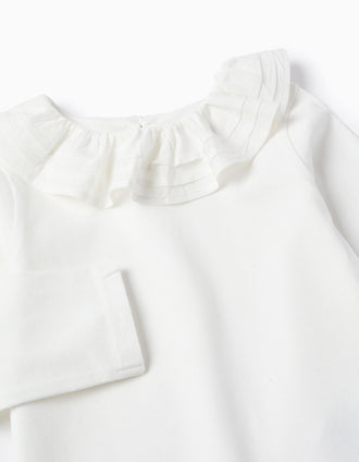 Camiseta de Manga Larga con Cuello de Volantes para Bebé Niña, Blanco