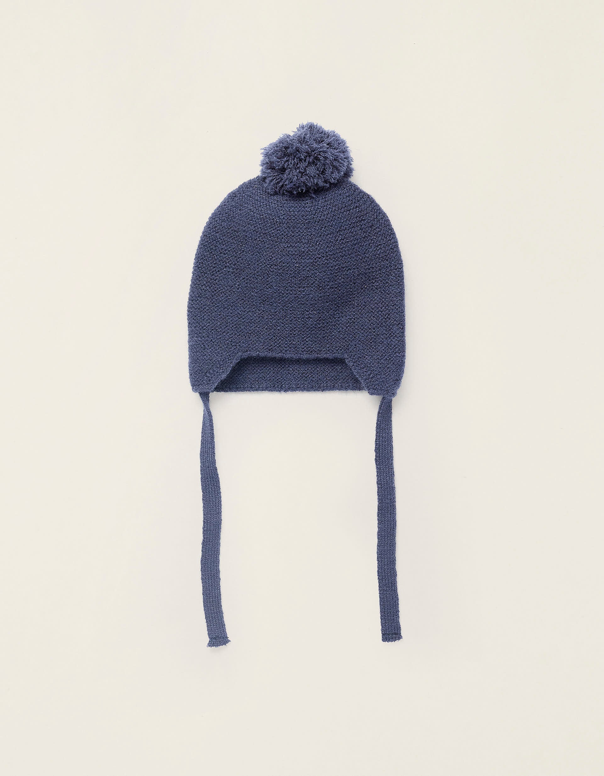 Beanie with Pompom and Side Straps for Newborns, Dark Blue