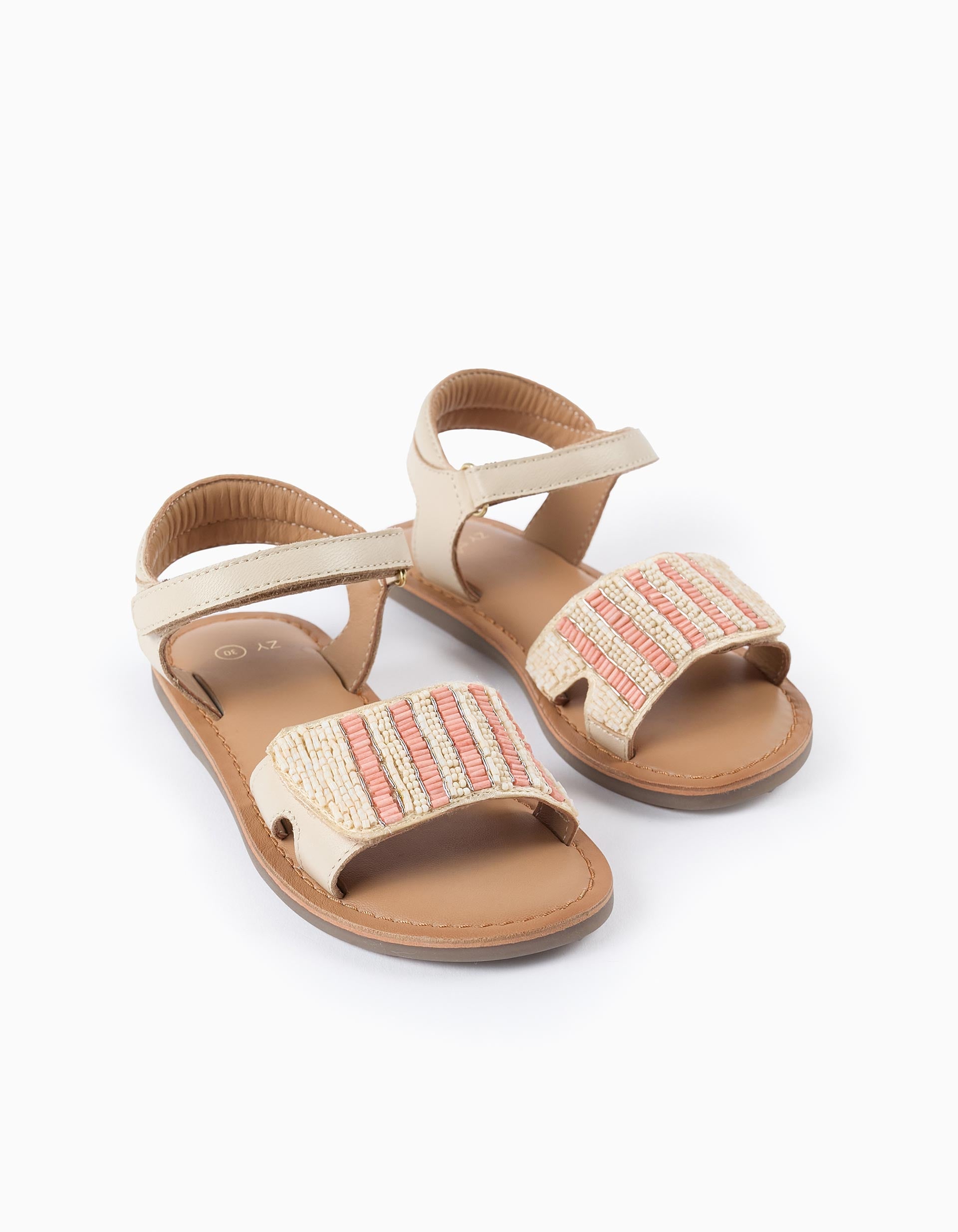 Sandalias de Piel y Abalorios para Niña, Beige/Coral