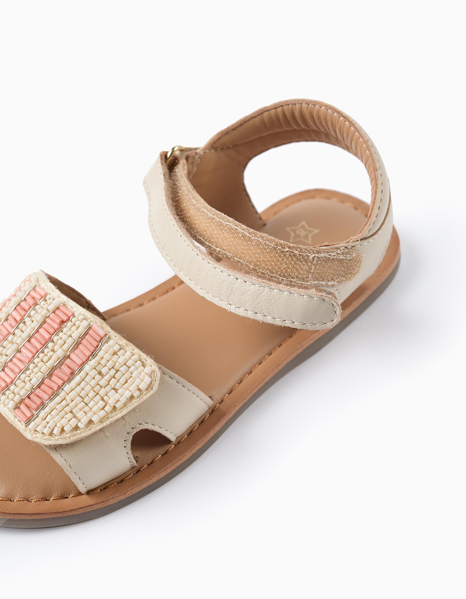 Sandalias de Piel y Abalorios para Niña, Beige/Coral