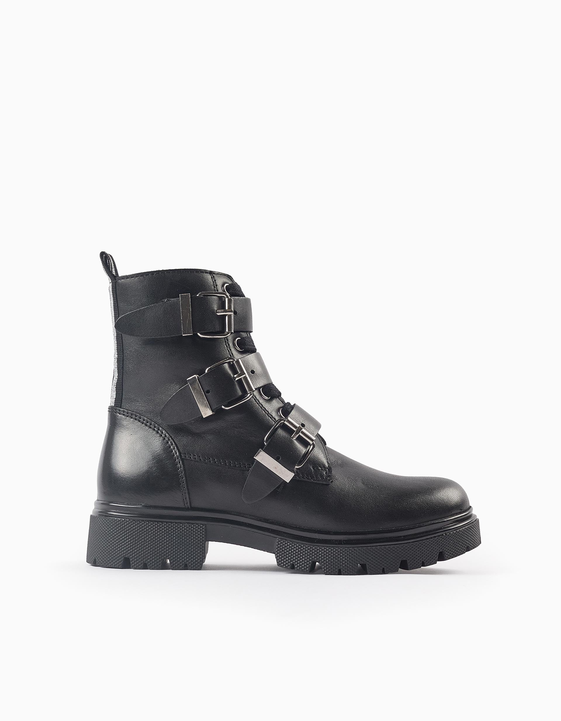 Bottes Biker en Cuir avec Boucles pour Fille, Noir