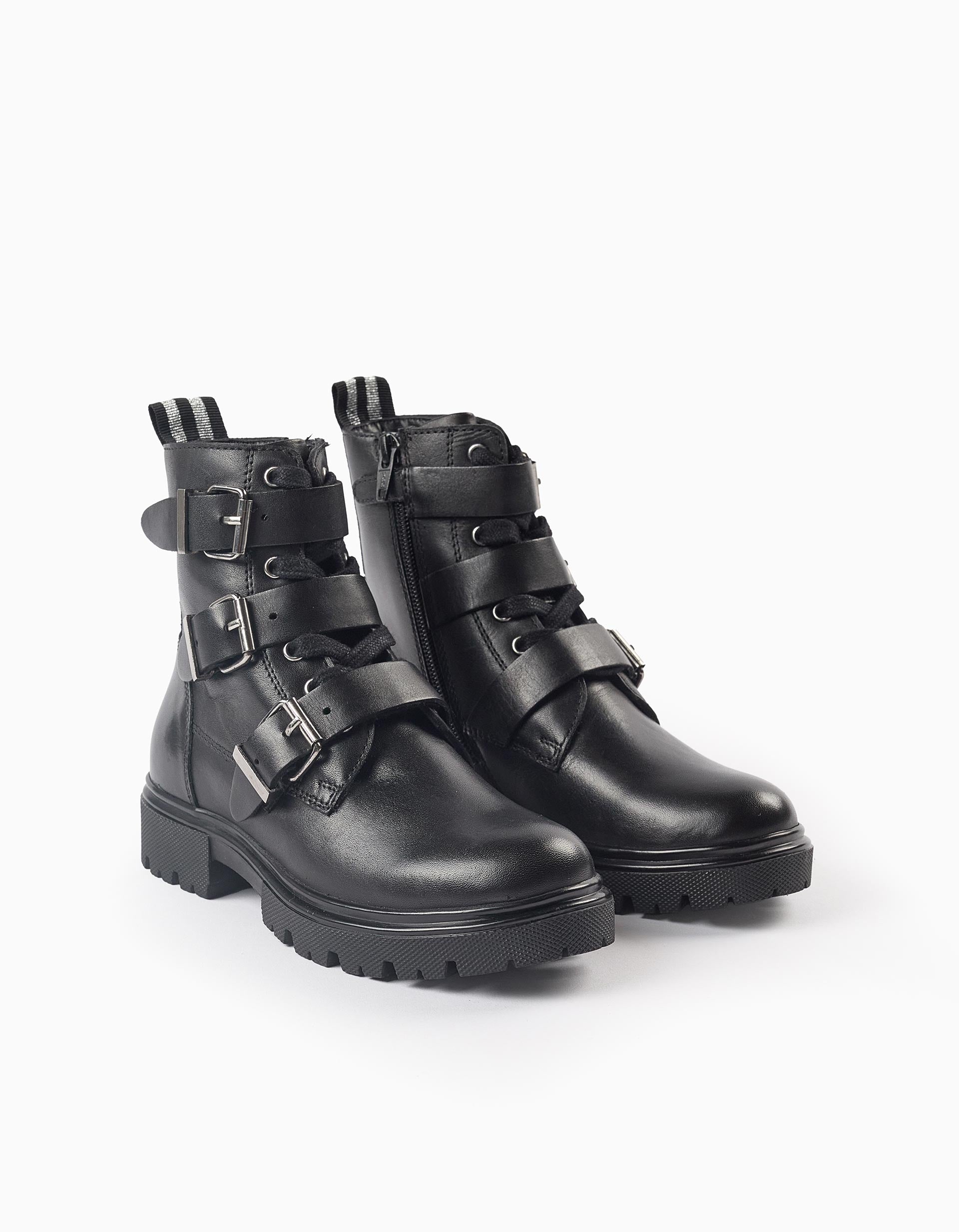 Botas Biker de Piel con Hebillas para Niña, Negro