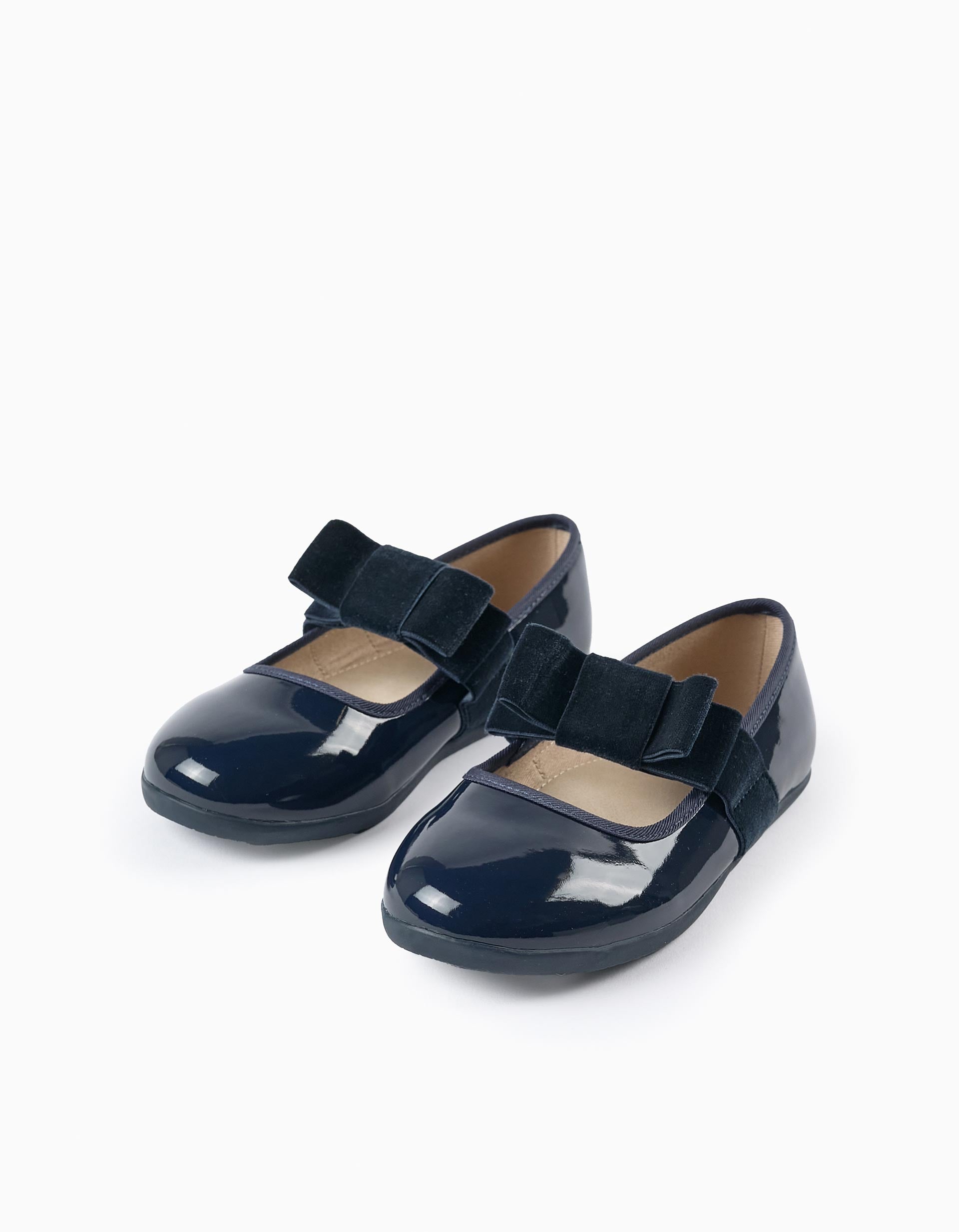 Patent Ballerina Flats with Velvety Bow for Girls, Dark Blue