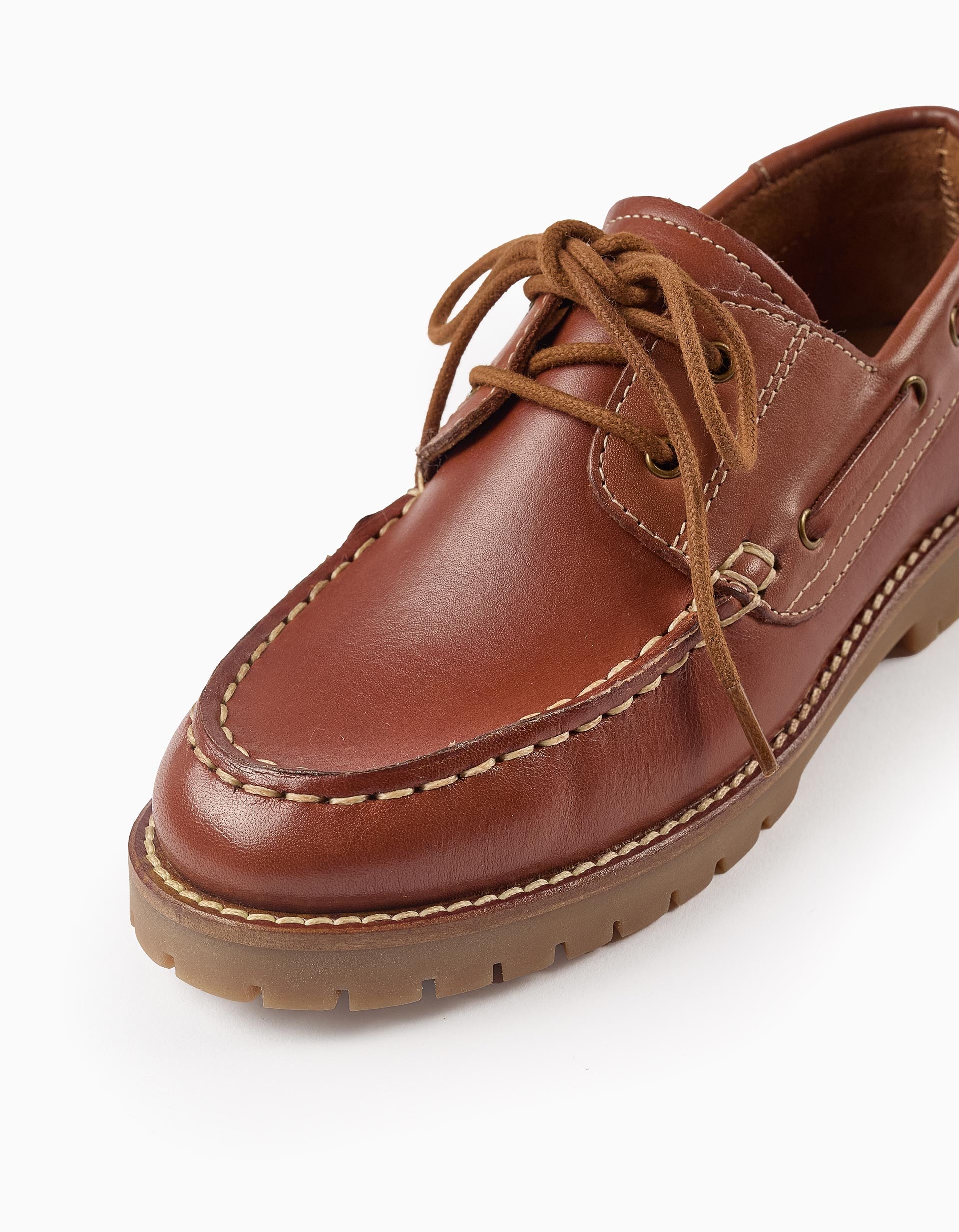 Leather Deck Shoes for Boys, Camel