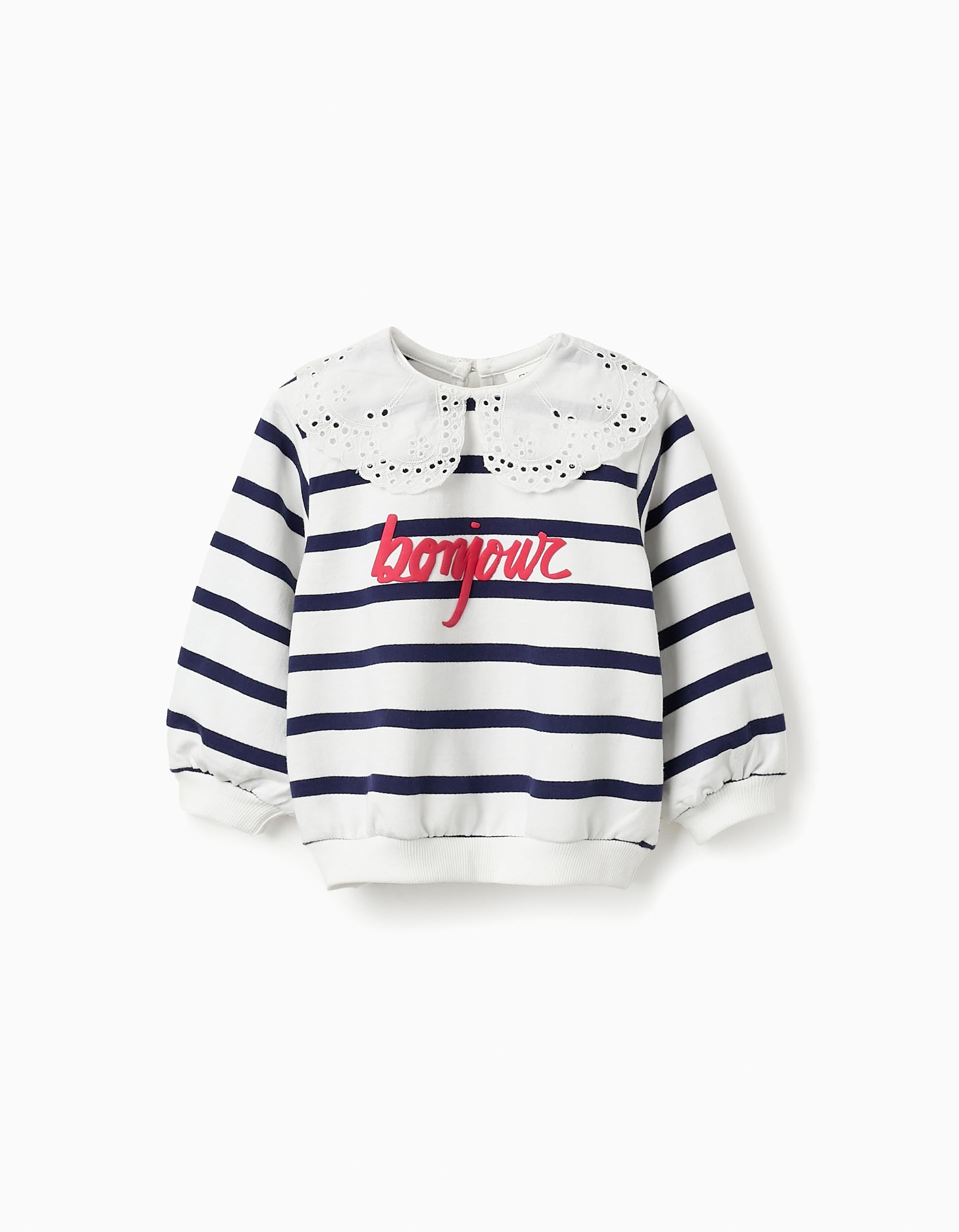 Sweat Rayé avec Col en Broderie Anglaise pour Bébé Fille, Blanc/Bleu Foncé