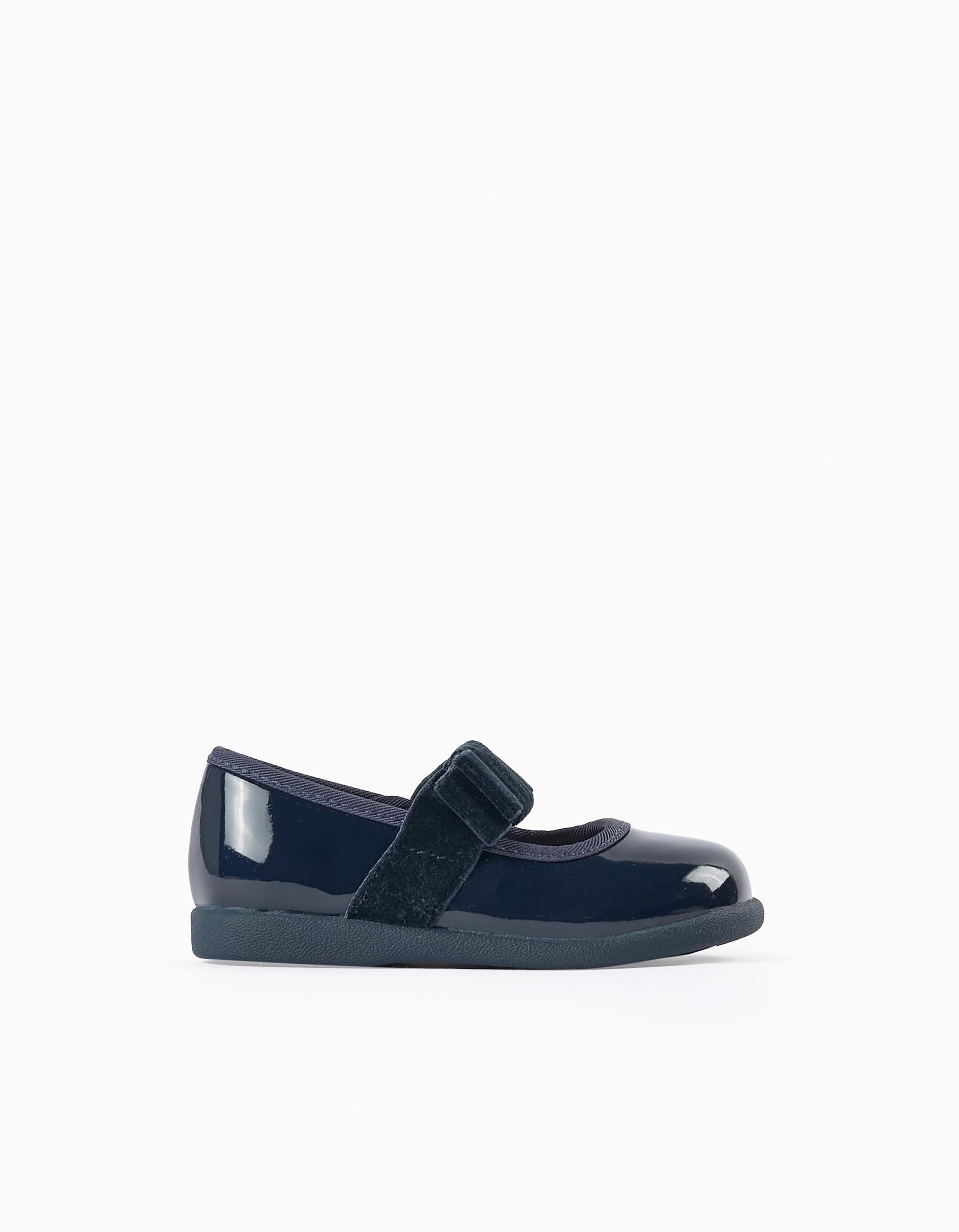 Patent Ballerina Flats with Velvety Bow for Baby Girls, Dark Blue