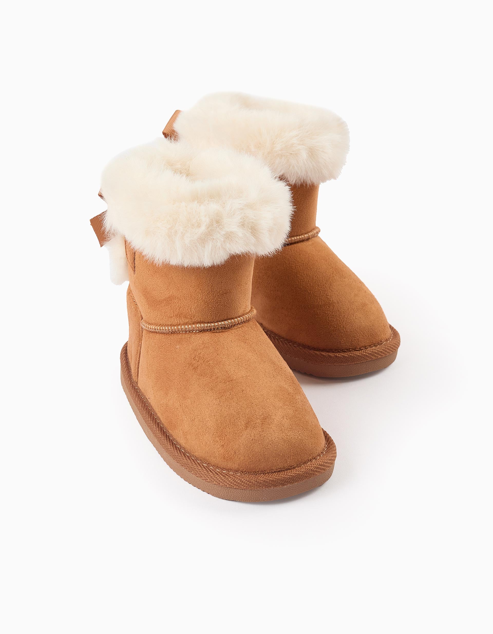 Suedine Boots with Fur and Bow for Baby Girls, Camel