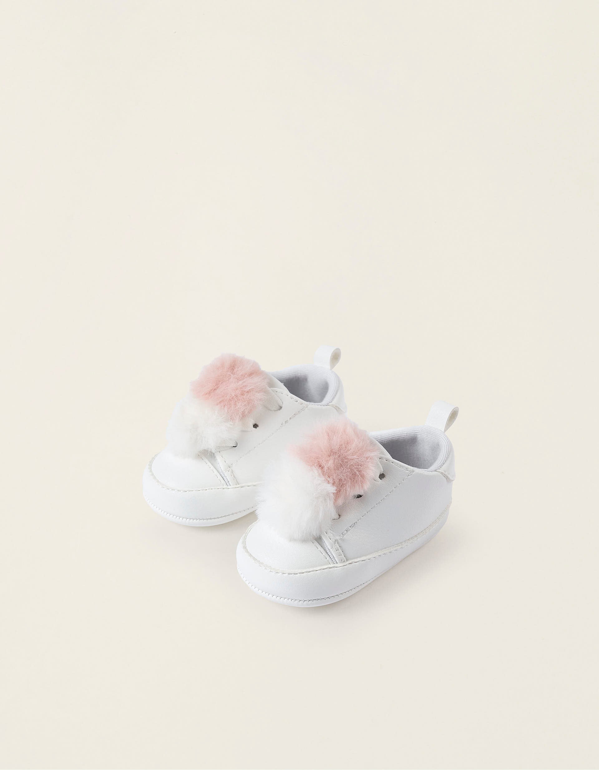 Zapatillas con Pompones para Recién Nacida, Blanco/Rosa