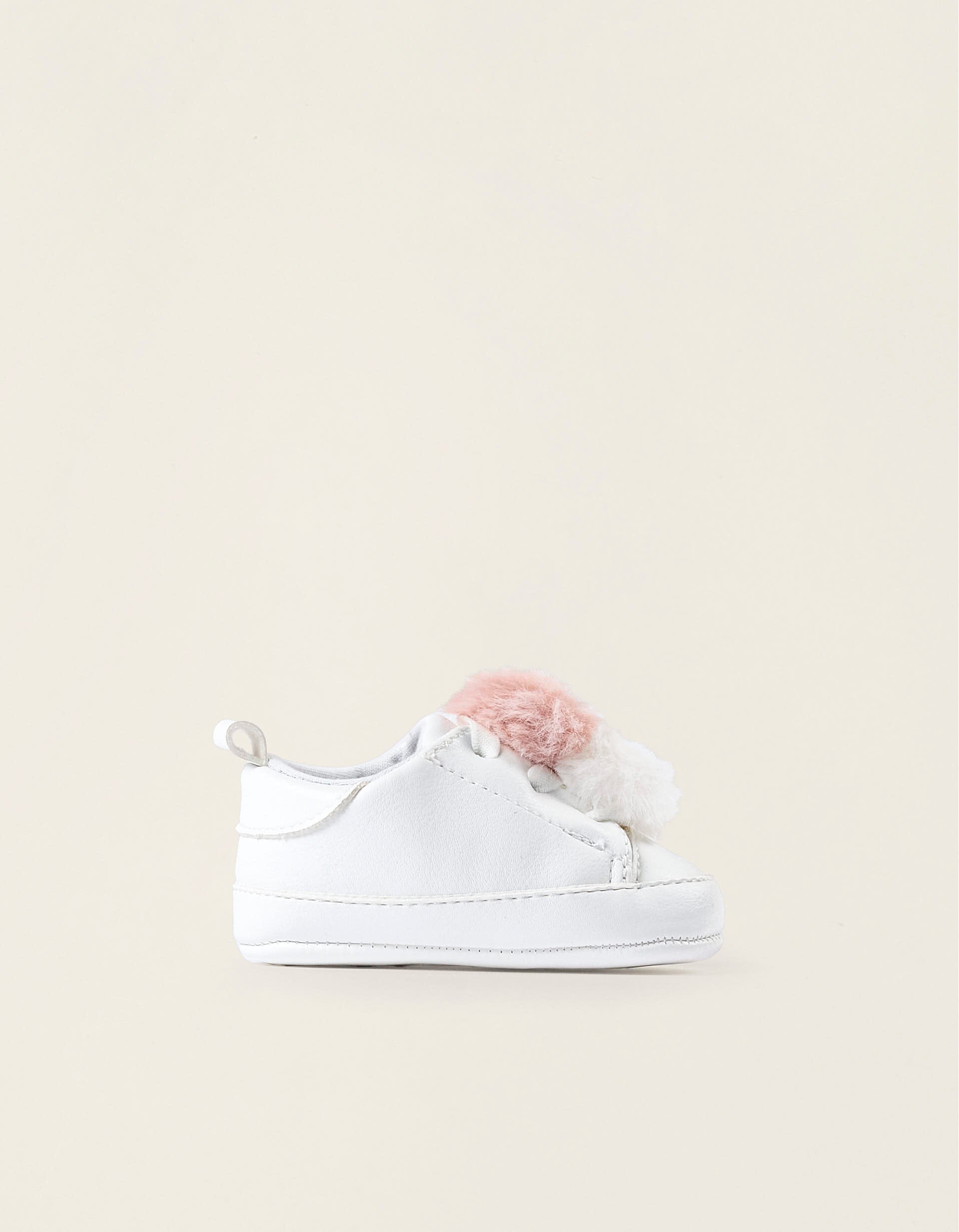 Zapatillas con Pompones para Recién Nacida, Blanco/Rosa