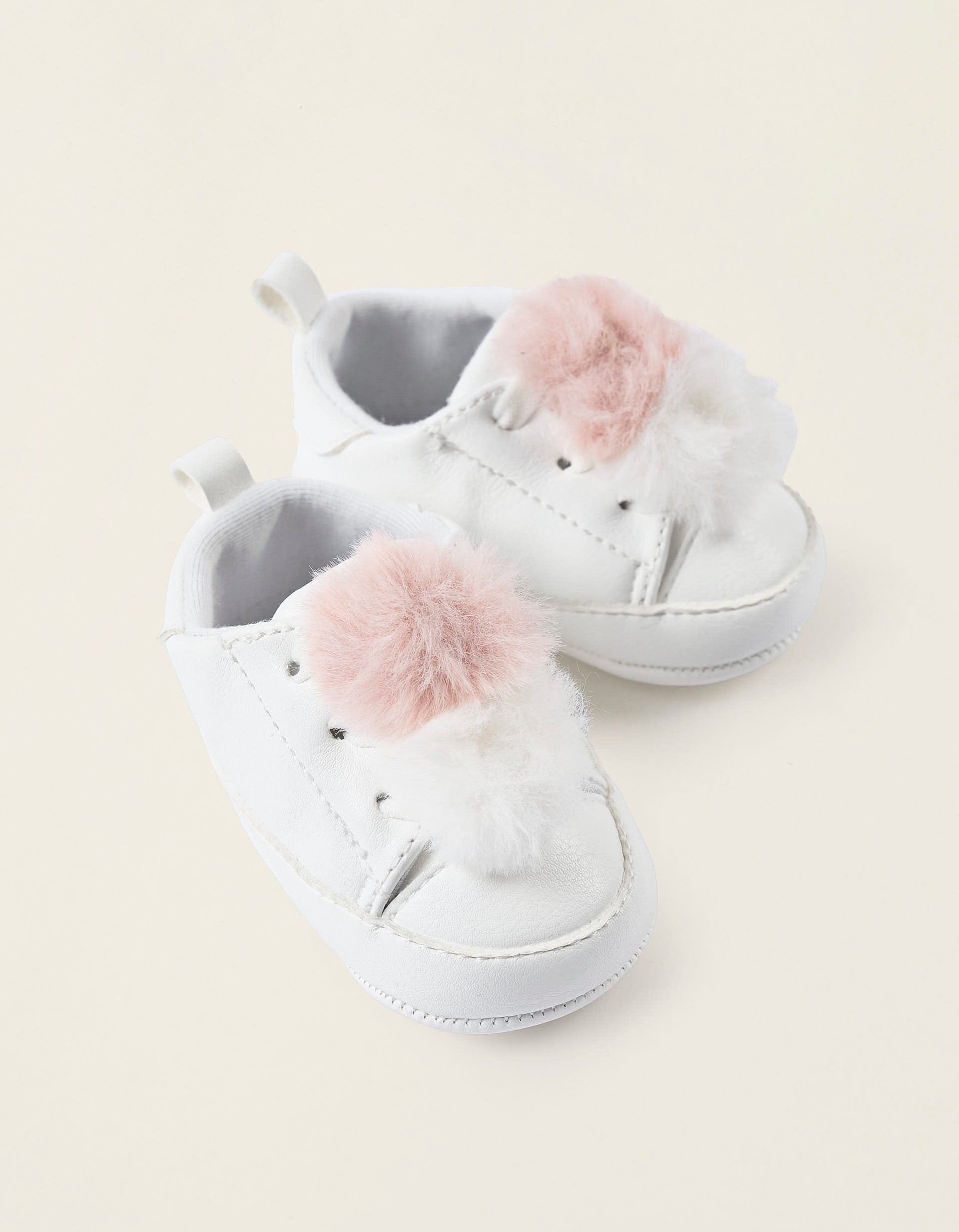 Zapatillas con Pompones para Recién Nacida, Blanco/Rosa