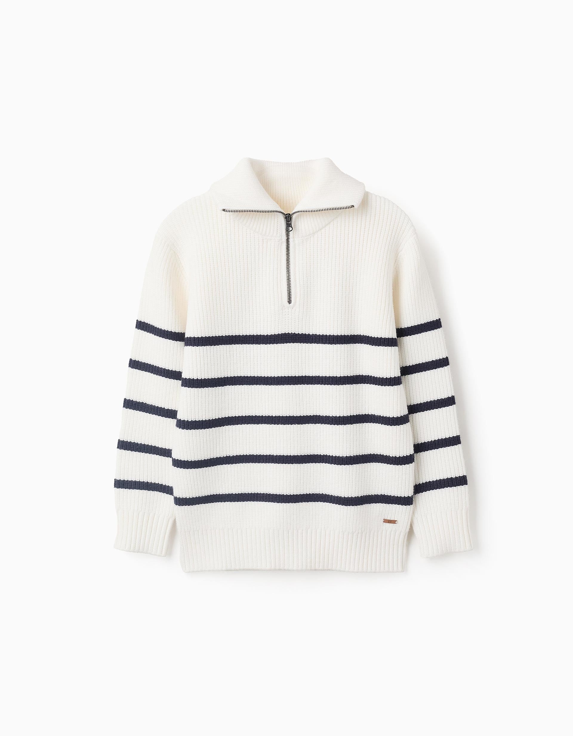 Pull en Maille Côtelée à Rayures pour Garçon, Blanc/Bleu