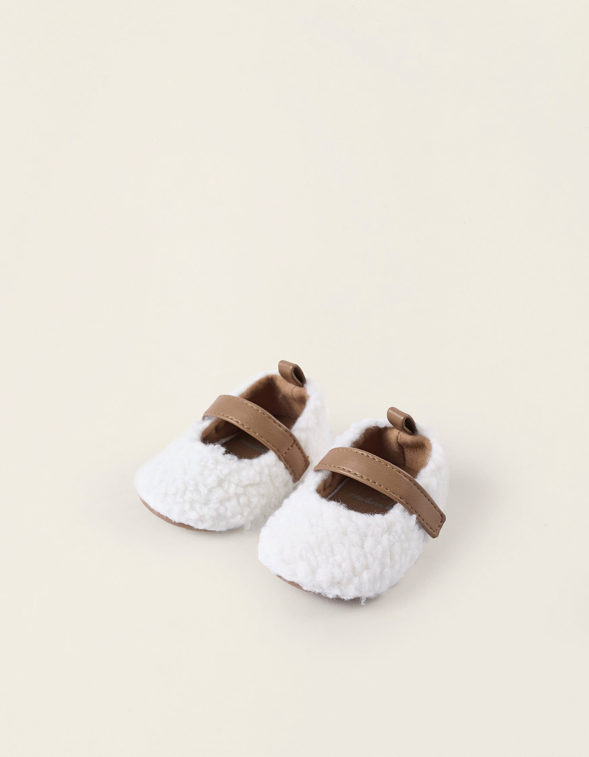 Sherpa Ballerina Flats for Newborn Girls, White/Camel