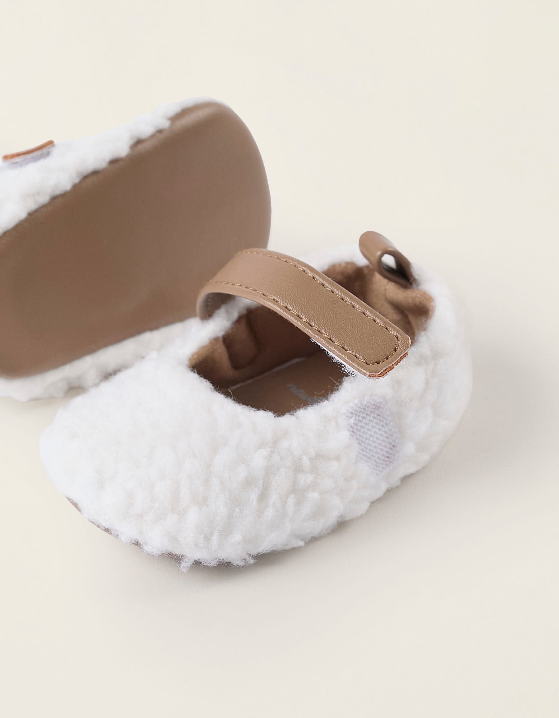 Sherpa Ballerina Flats for Newborn Girls, White/Camel