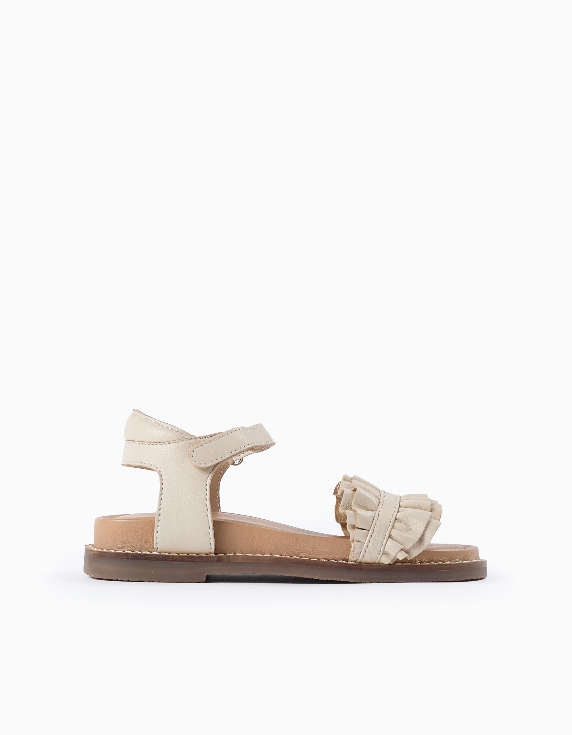 Leather Sandals with Ruffles for Girls, Beige