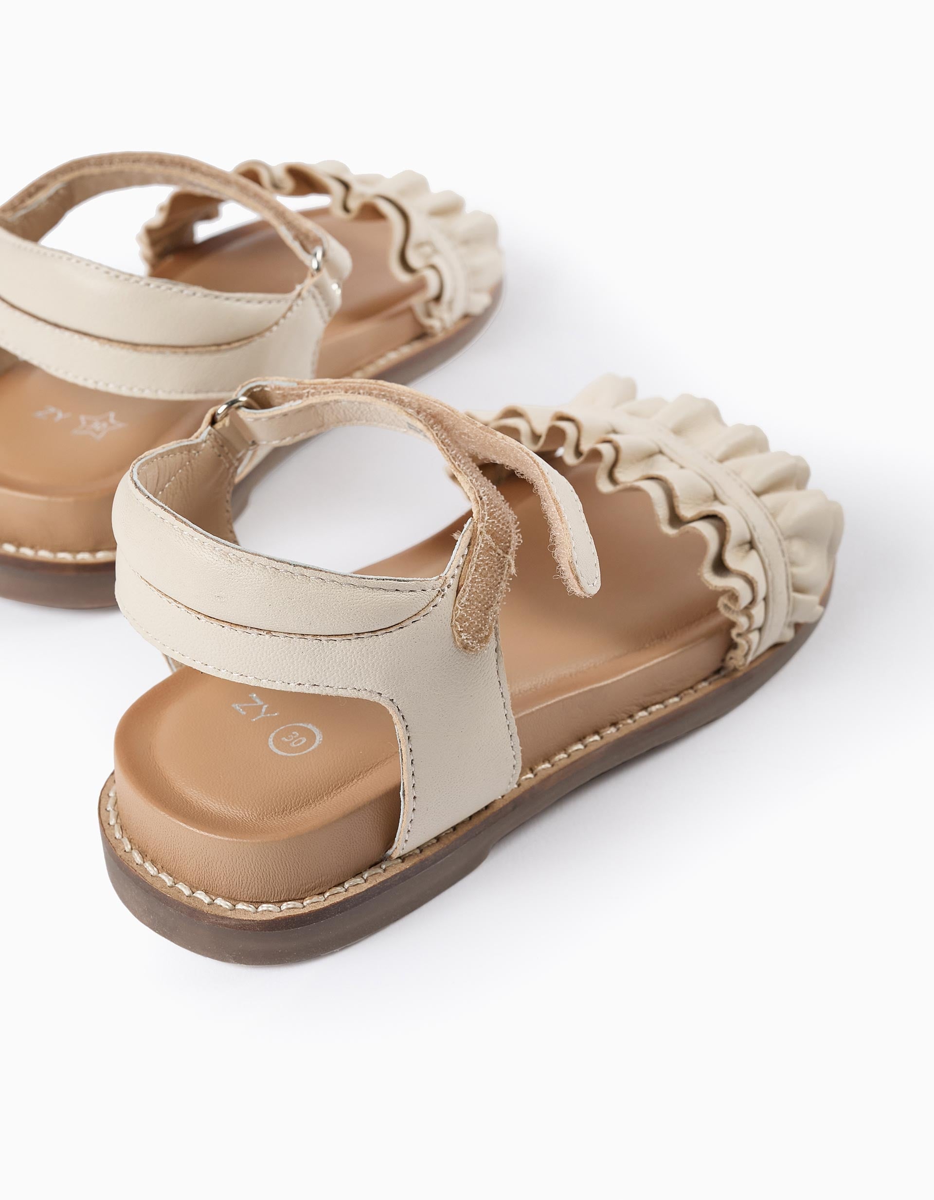 Sandalias de Piel con Volantes para Niña, Beige