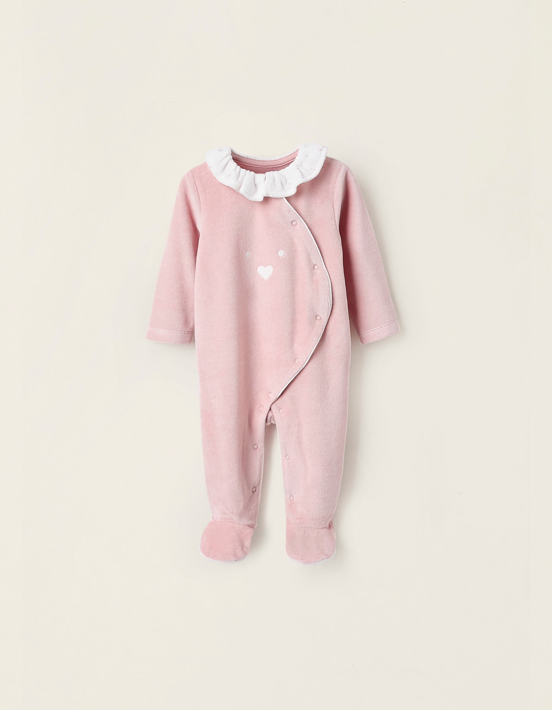 Babygrow de Veludo com Folhos e Bordados para Recém-Nascida, Rosa