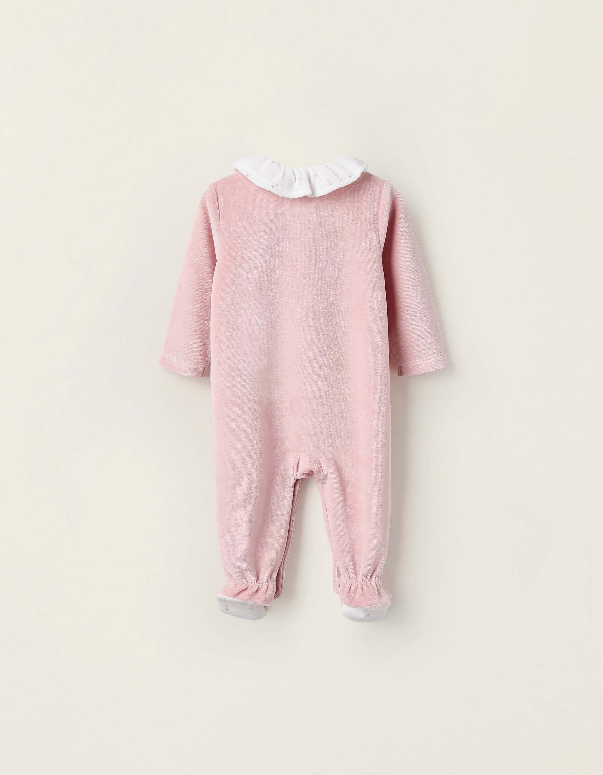 Babygrow de Veludo com Folhos e Bordados para Recém-Nascida, Rosa