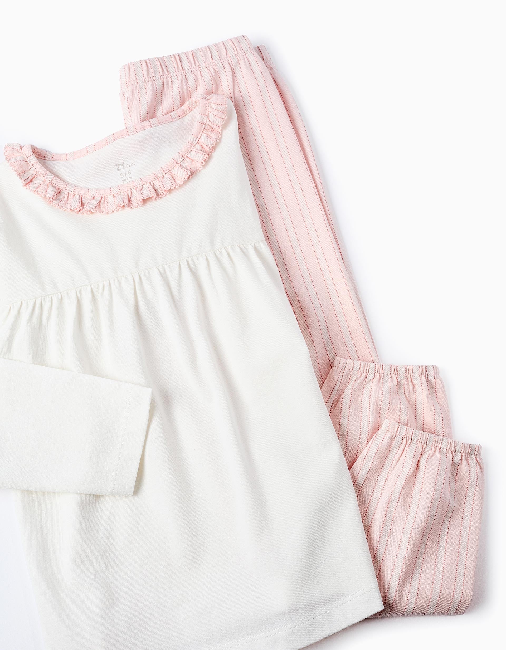 Pijama de Algodón con Volantes y Rayas para Niña, Rosa/Blanco