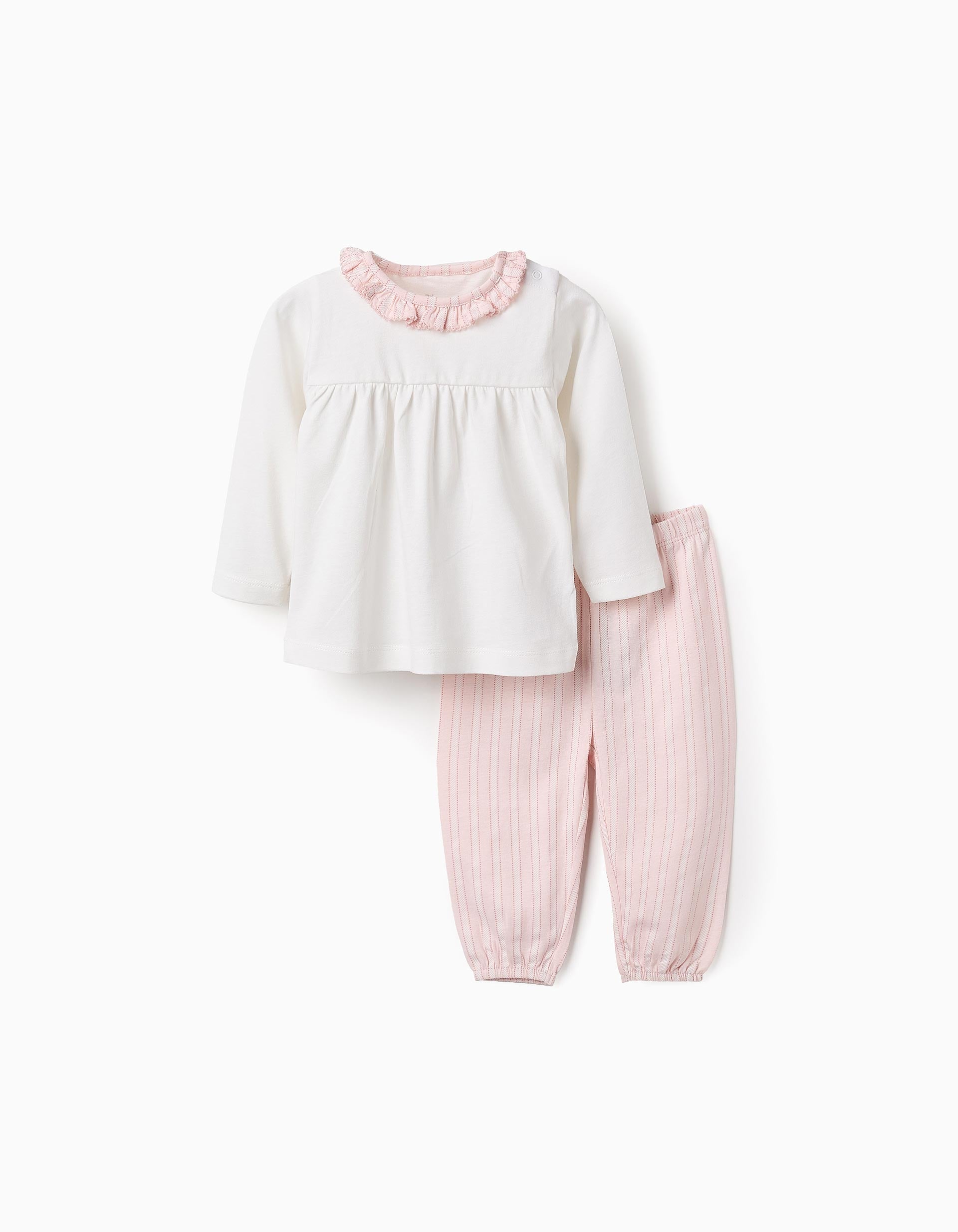 Pijama de Algodón con Volantes y Rayas para Bebé Niña, Rosa/Blanco