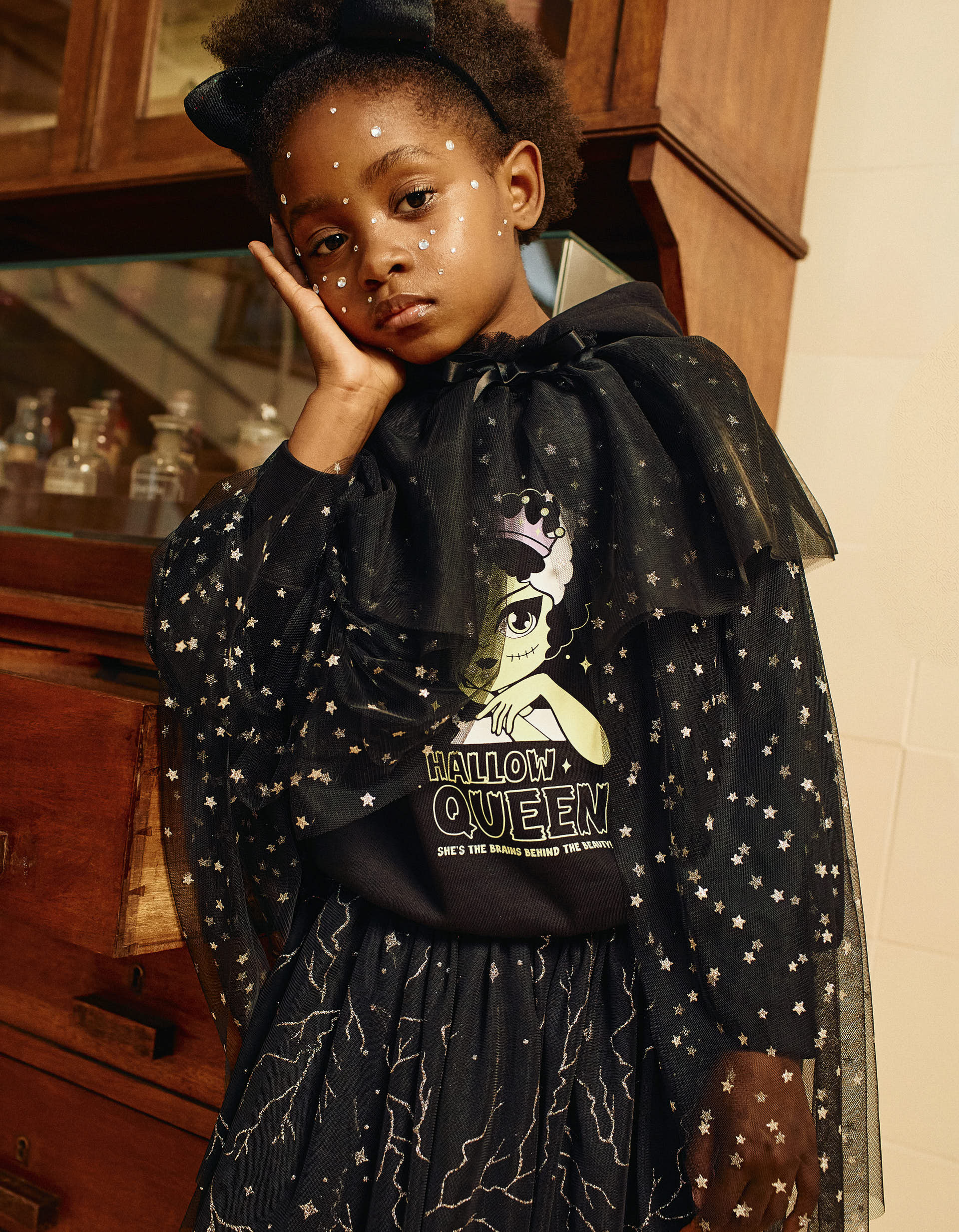 Capa de Tule com Glitter para Menina 'Halloween', Preto