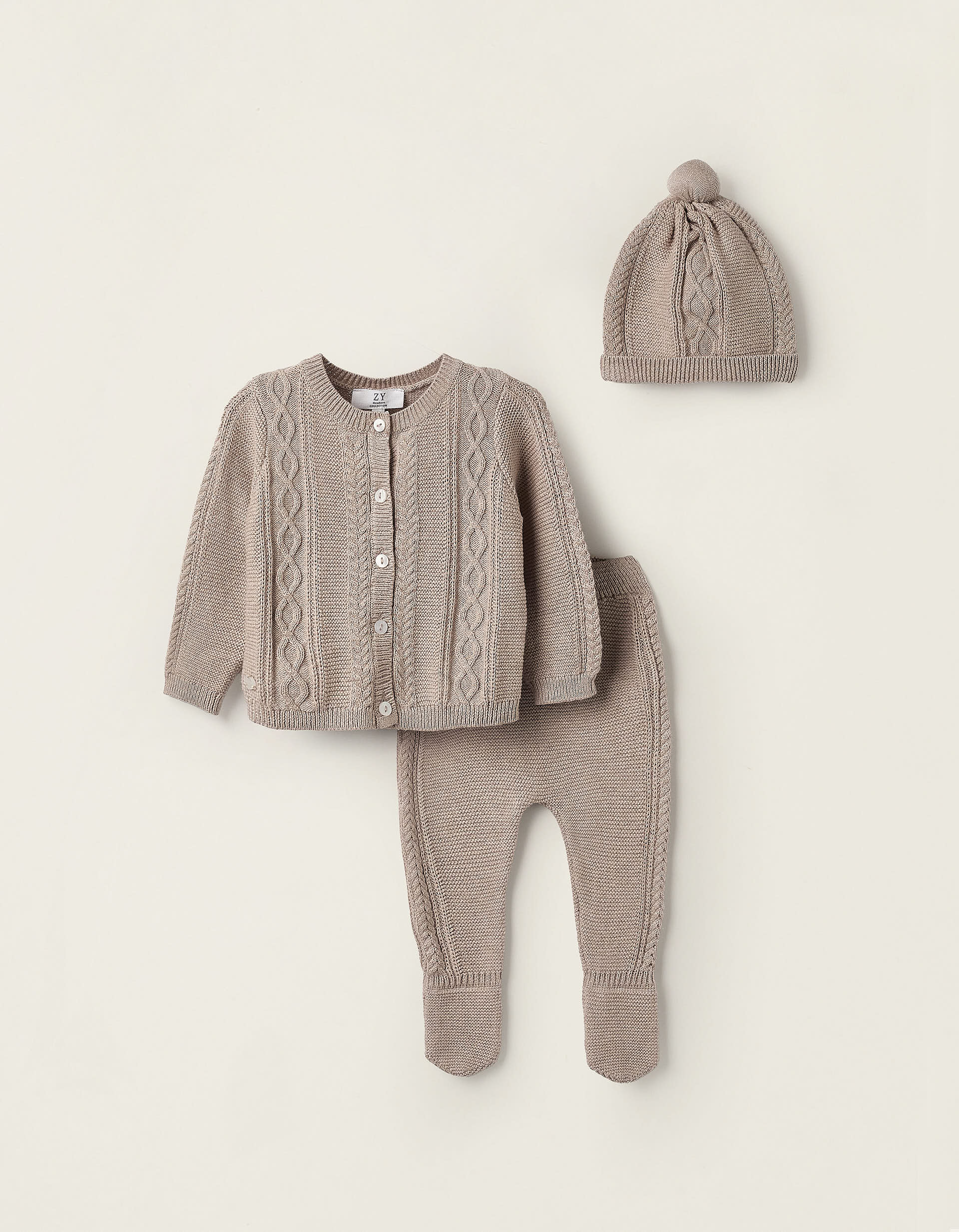 Cardigan + Trousers + Knitted Beanie for Newborns, Beige