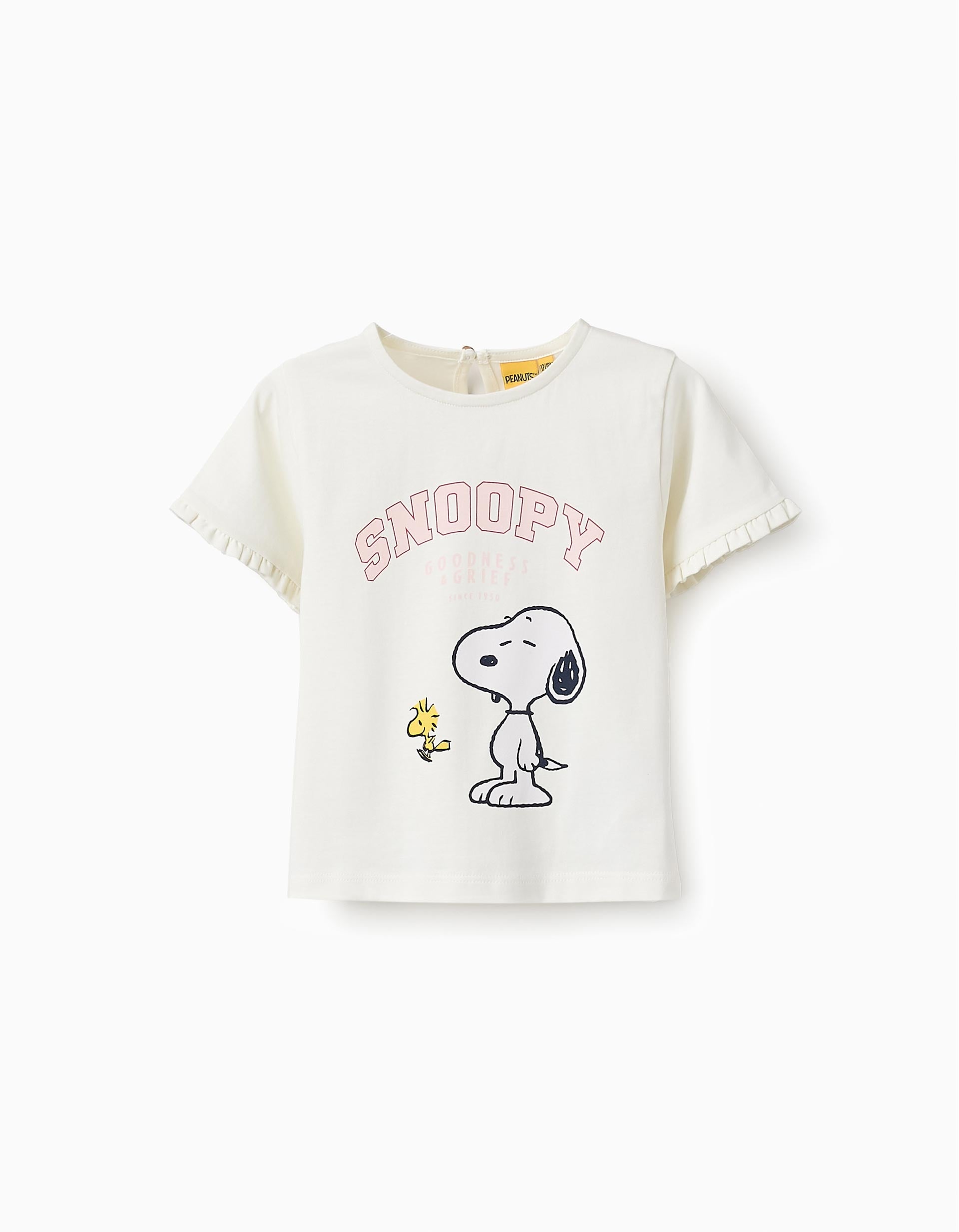 T-shirt de Algodão com Folhos para Bebé Menina 'Snoopy', Branco