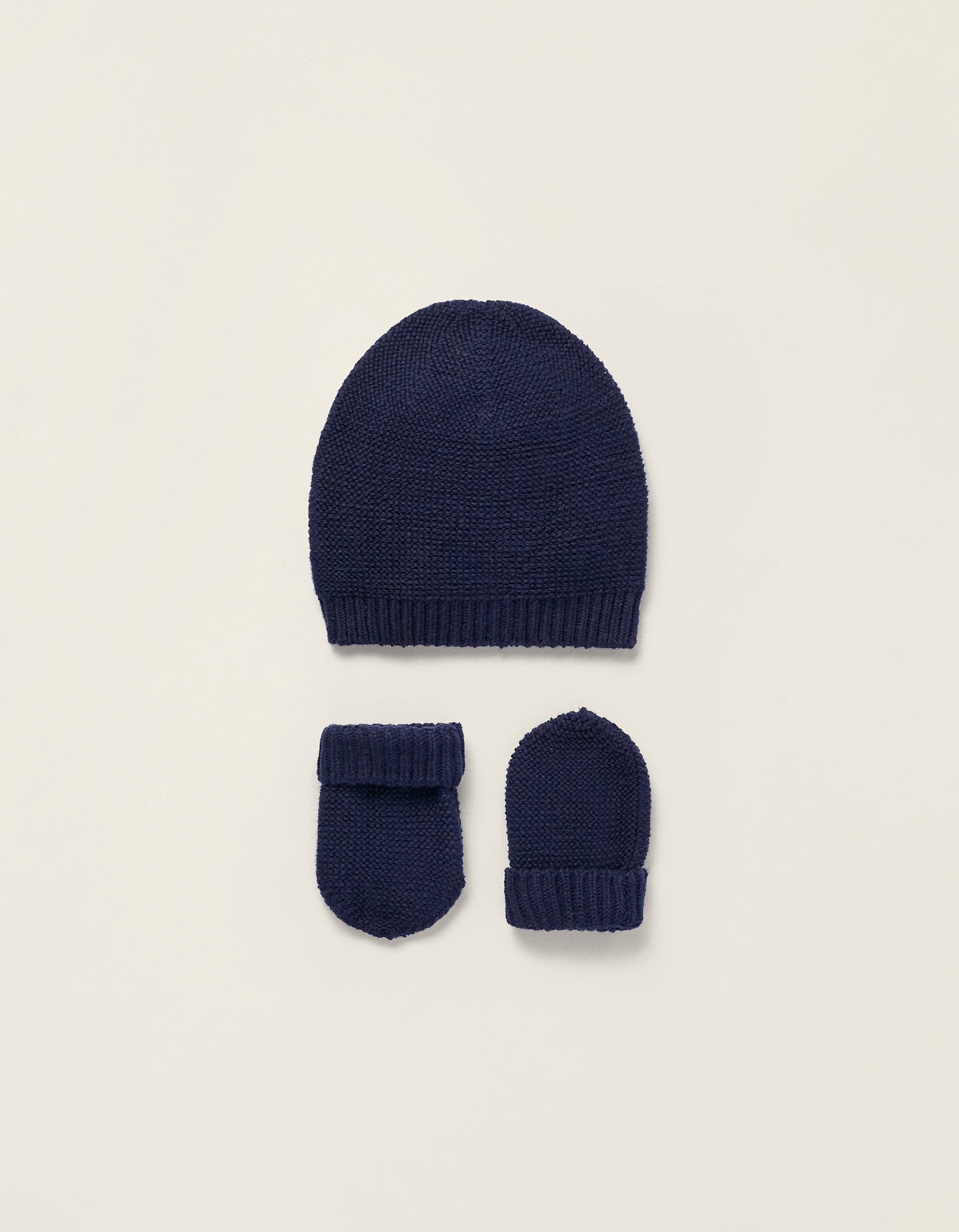 Pack Gorro + Mitones de Punto para Recién Nacido, Azul Oscuro