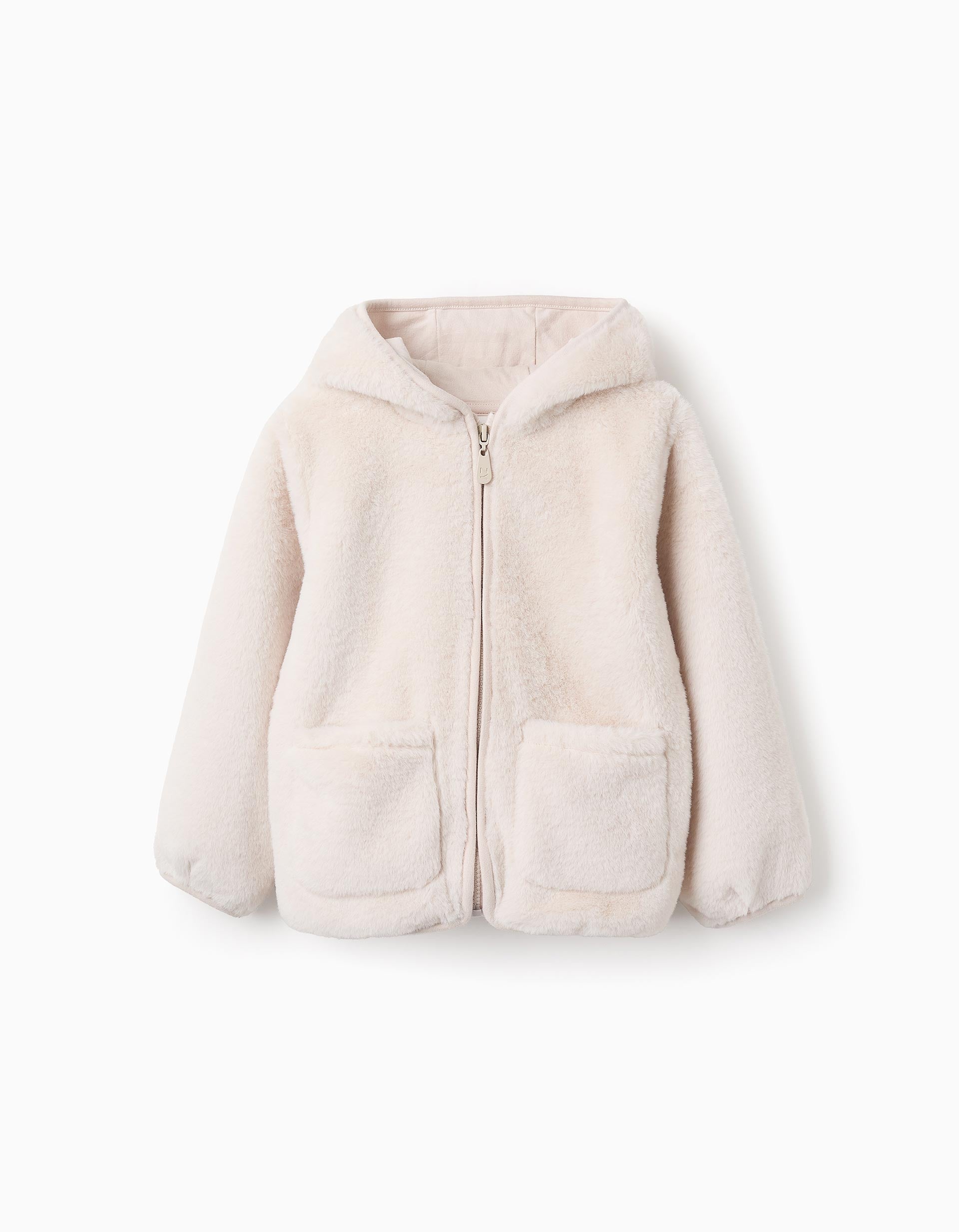 Faux Fur Jacket with Hood for Girls, Beige