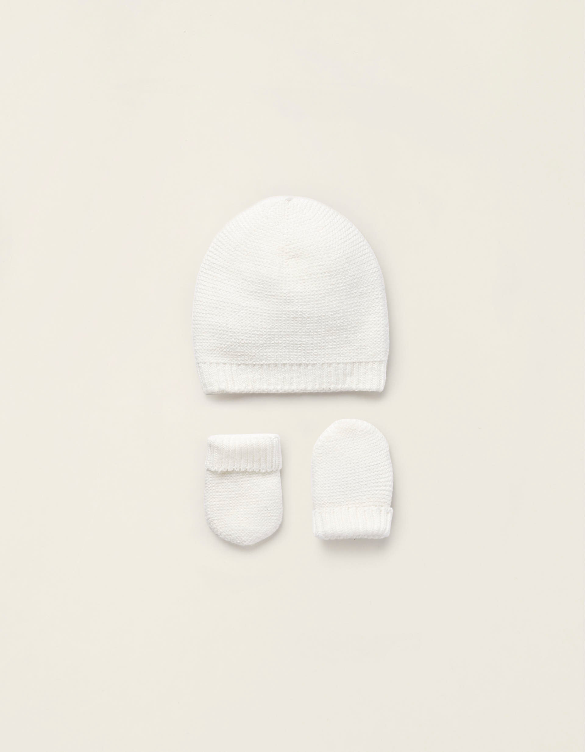 Pack Gorro + Mitones de Punto para Recién Nacido, Blanco