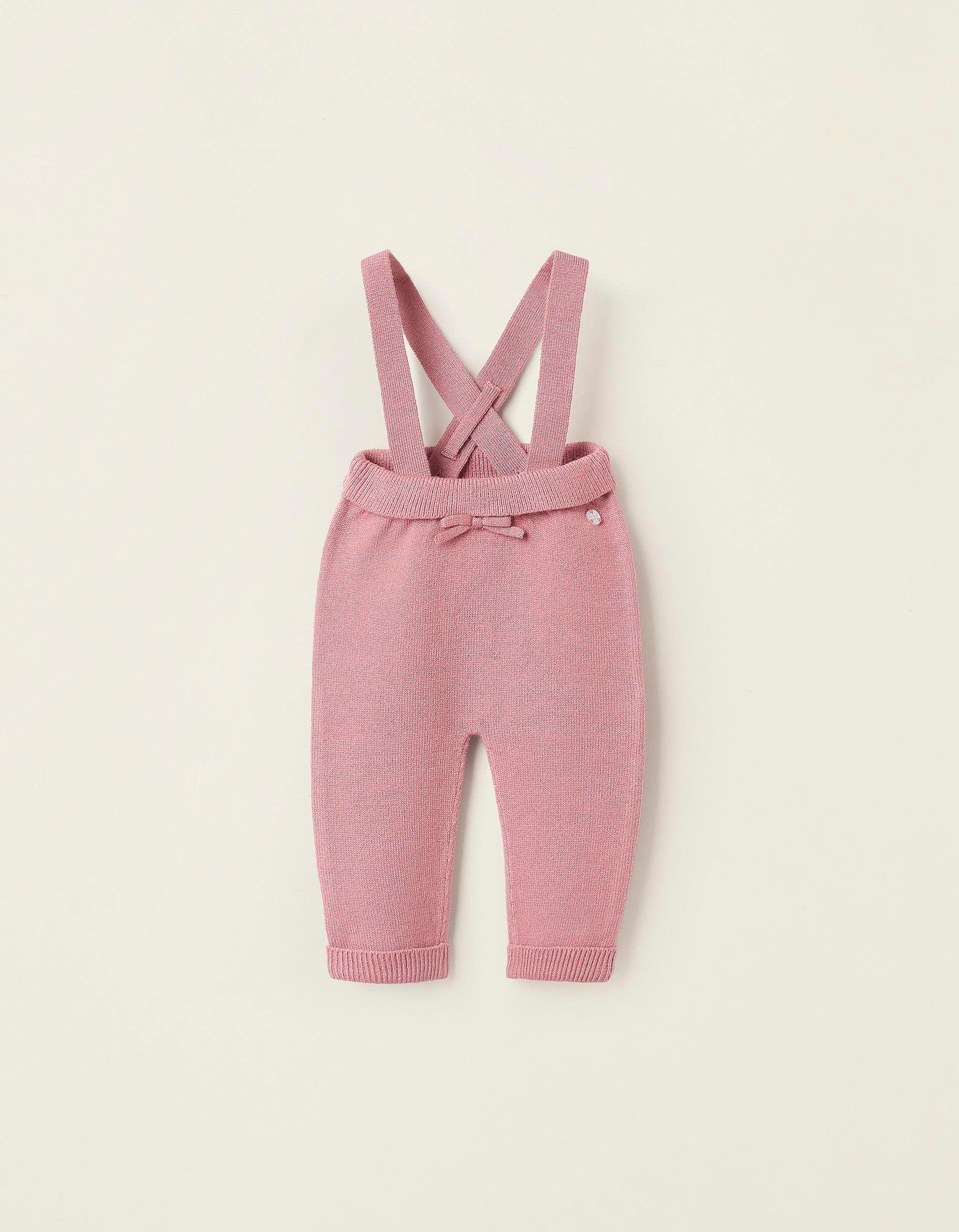 Knitted Trousers with Removable Straps for Newborn Girls, Pink