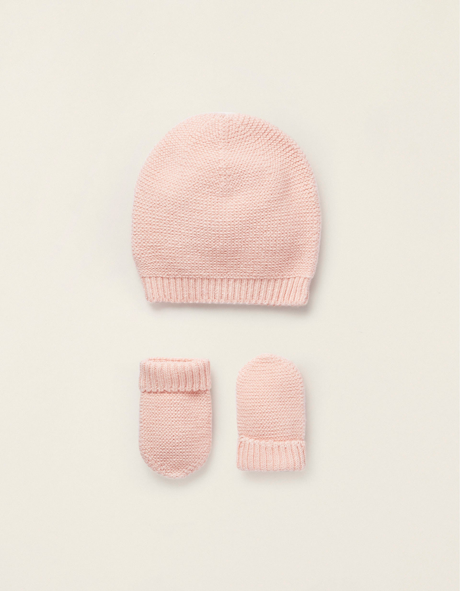 Pack Bonnet + Moufles en Maille pour Nouveau-née, Rose