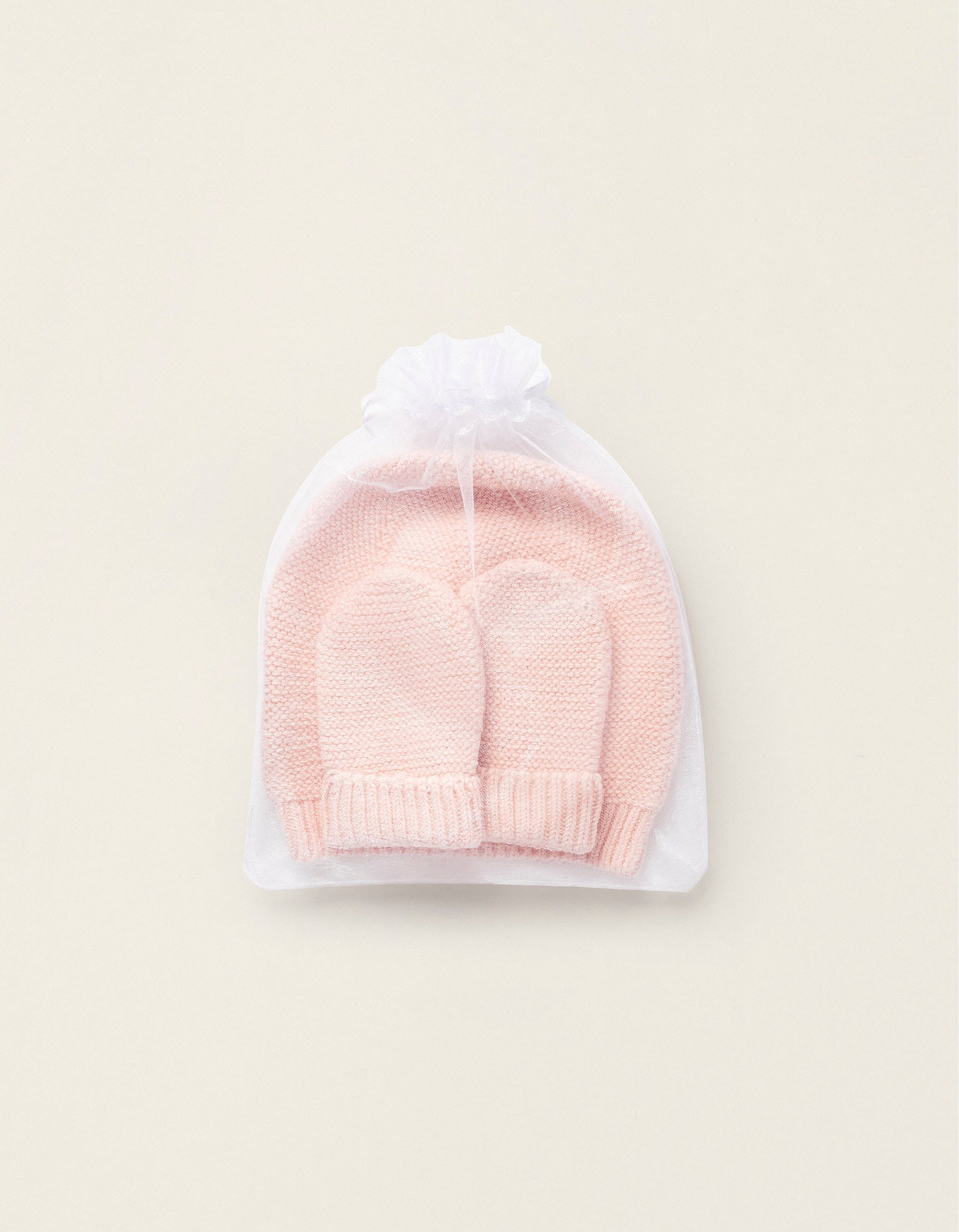 Pack Gorro + Mitones de Punto para Recién Nacida, Rosa