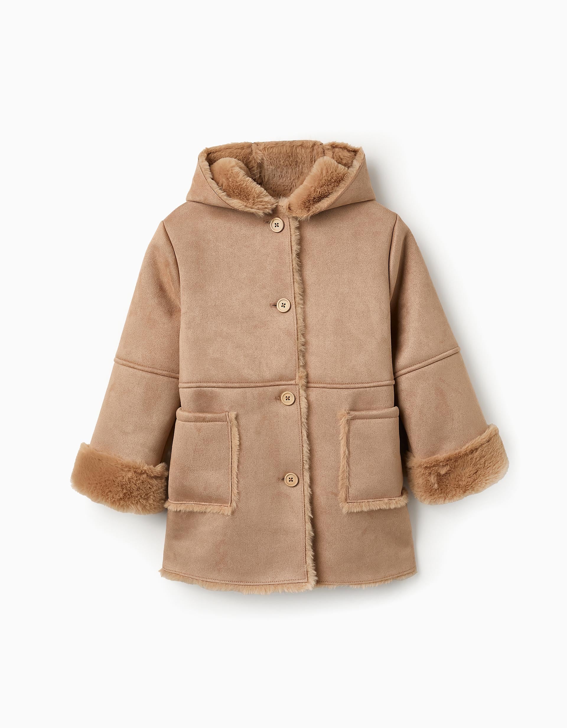 Long Suedine Coat with Faux Fur for Girls, Camel