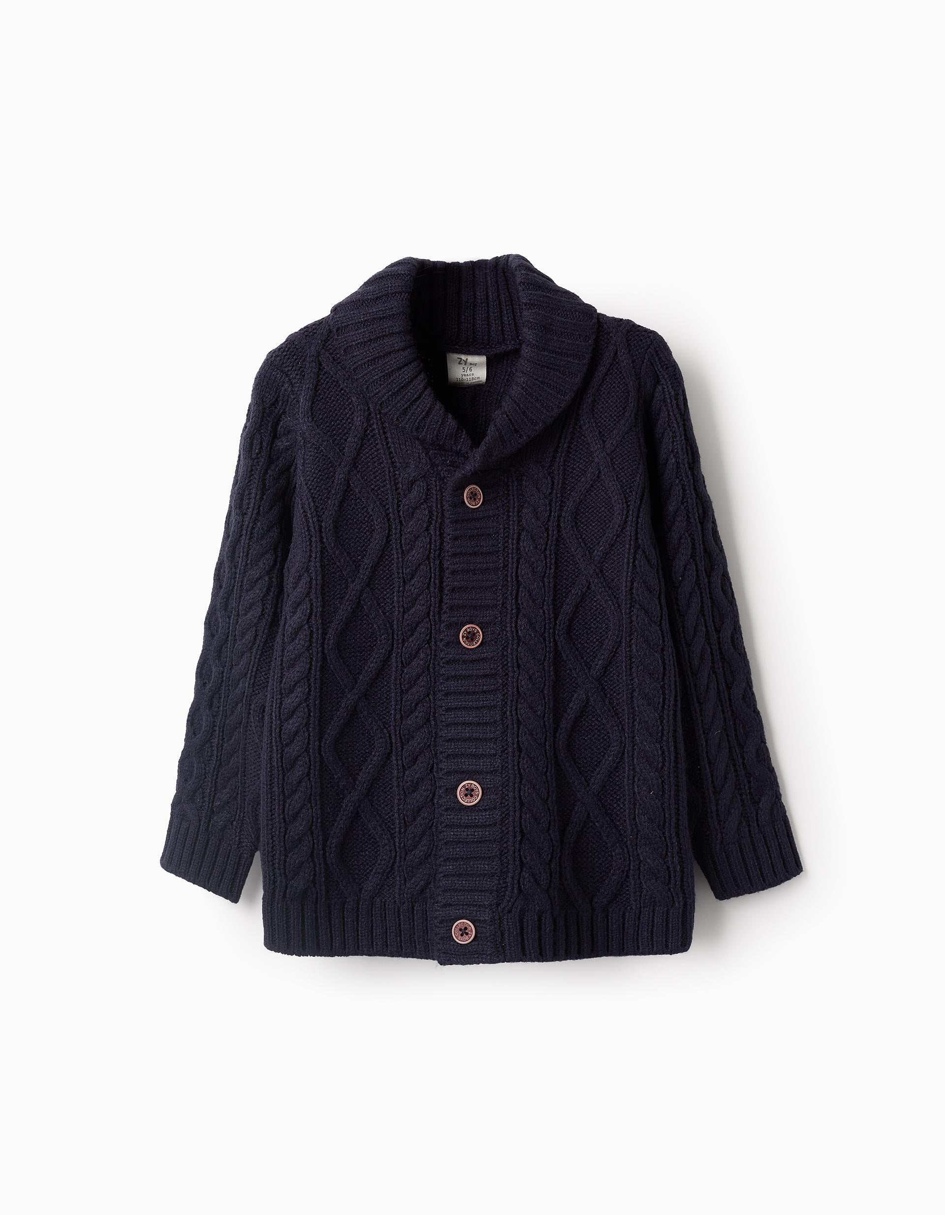 Gilet en Maille Torsadée avec Col Châle pour Garçon, Bleu Foncé