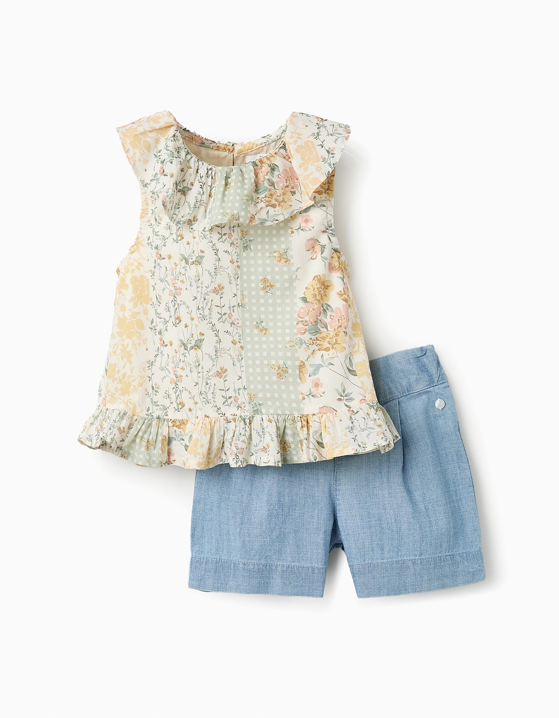 Top Floral + Calções de Ganga para Bebé Menina, Bege/Azul