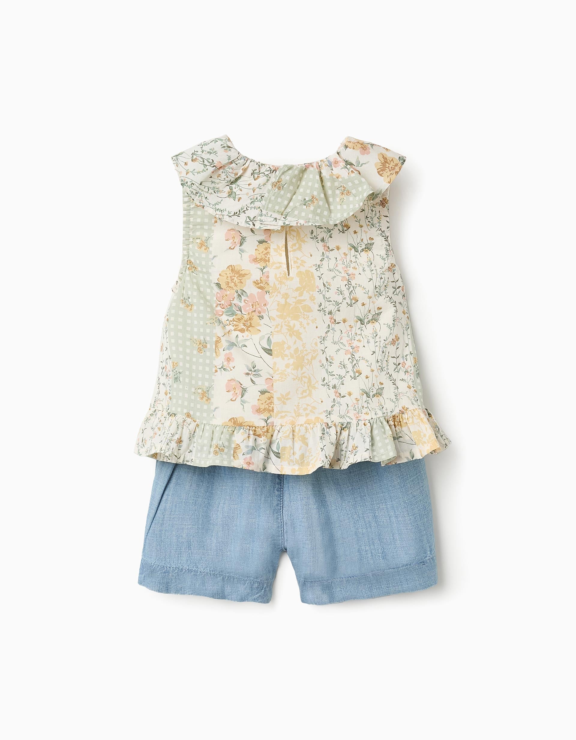 Top Floral + Calções de Ganga para Bebé Menina, Bege/Azul