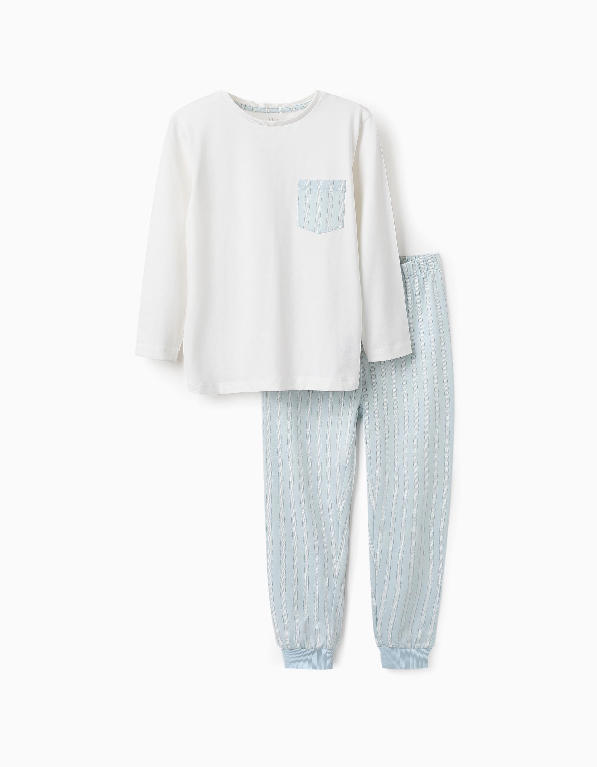 Pijama de Algodão com Bolso e Riscas para Menino, Azul/Branco